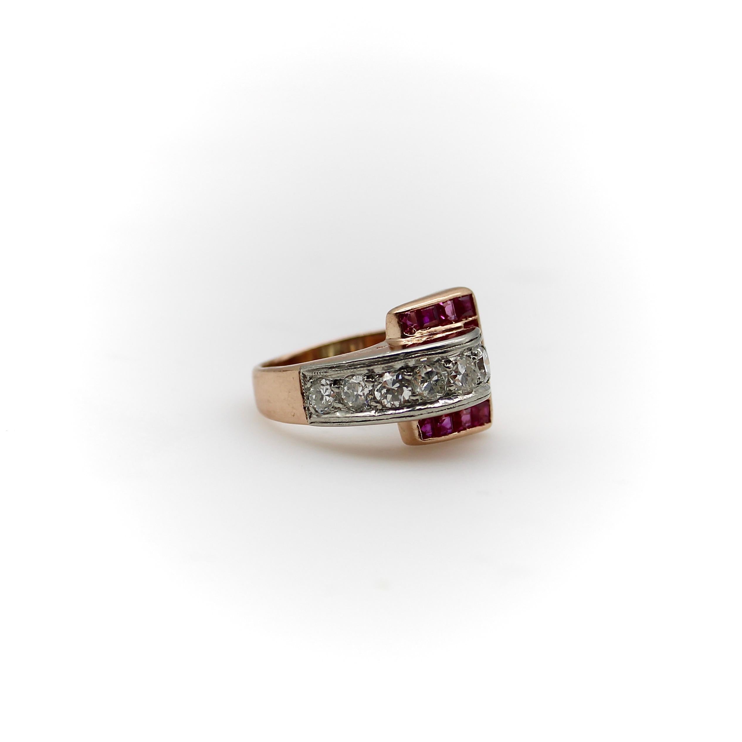 Brilliant Cut Retro 14k Gold Diamond and Ruby Buckle Ring For Sale