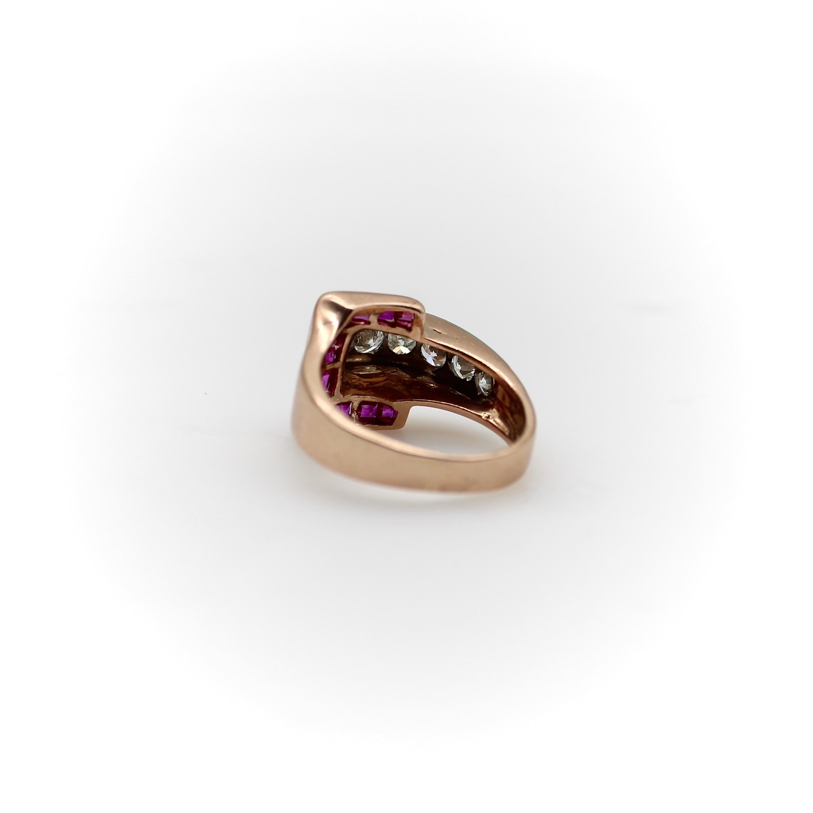Women's or Men's Retro 14k Gold Diamond and Ruby Buckle Ring For Sale