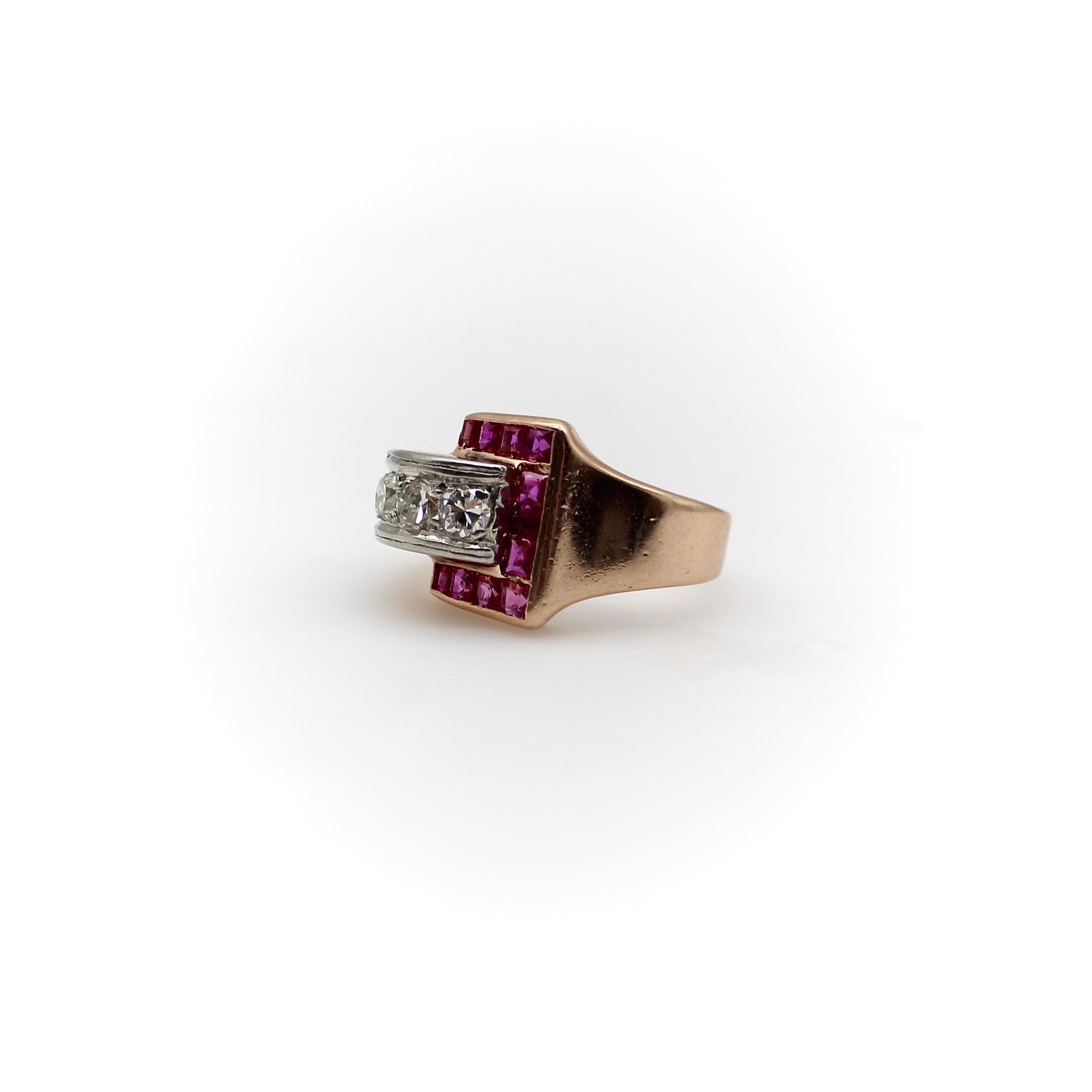 Retro 14k Gold Diamond and Ruby Buckle Ring For Sale 1