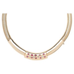 Vintage 14k Gold Diamond + Ruby Gooseneck Chain Necklace