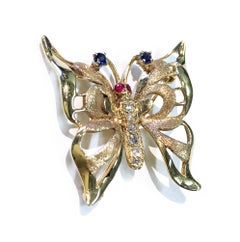 Retro 14k Gold Diamant Rubin Saphir Schmetterling Brosche, 1980er Jahre, 0,20ctw