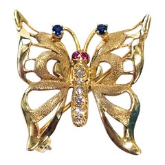 Retro 14k Gold Diamant Rubin Saphir Schmetterling Brosche, 1980er Jahre, 0,20ctw