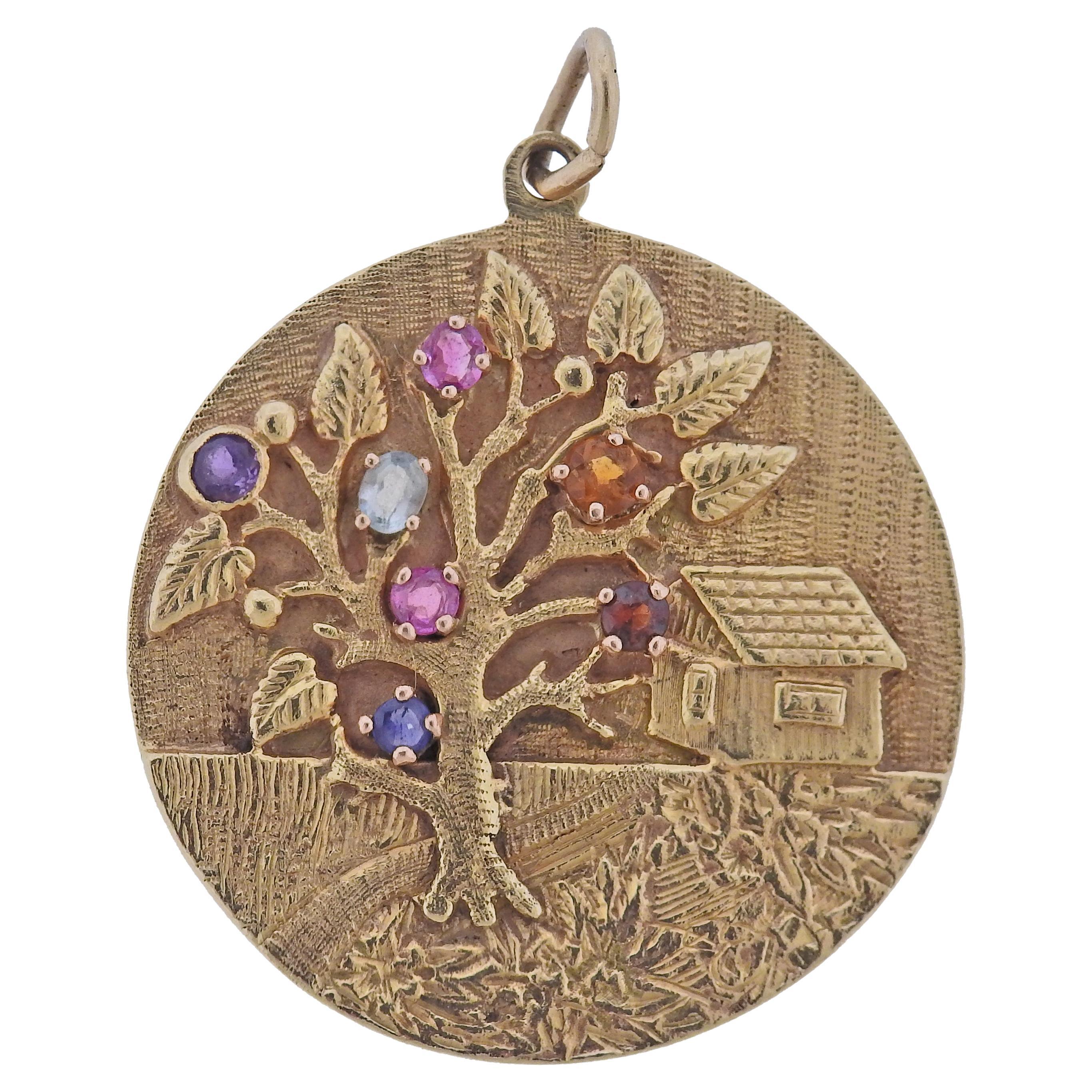 Retro 14k Gold Gemstone Tree Pendant Medallion Charm  For Sale