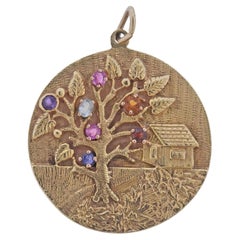 Retro 14k Gold Edelstein Baum Anhänger Medaillon Charme
