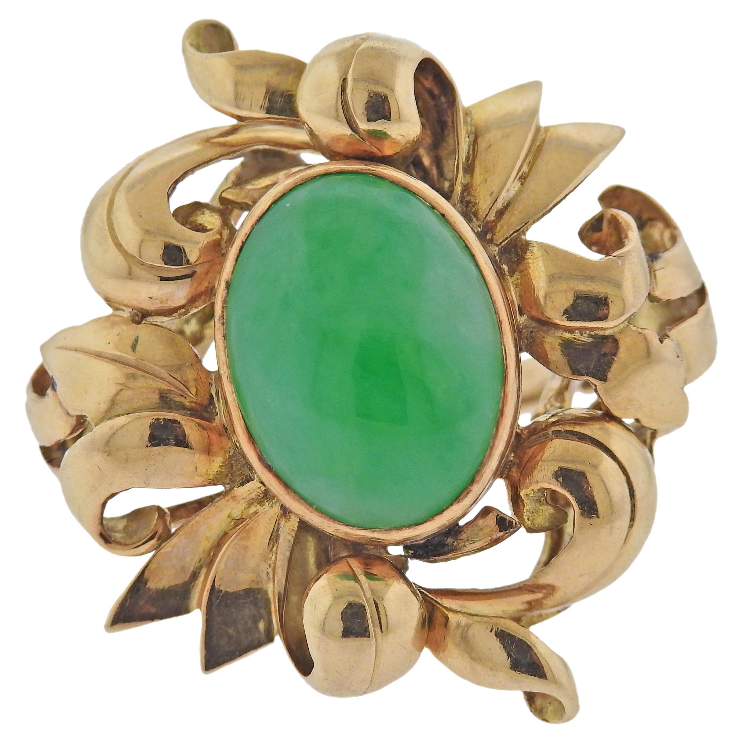 Retro 14k Gold Jade Cocktail Ring For Sale