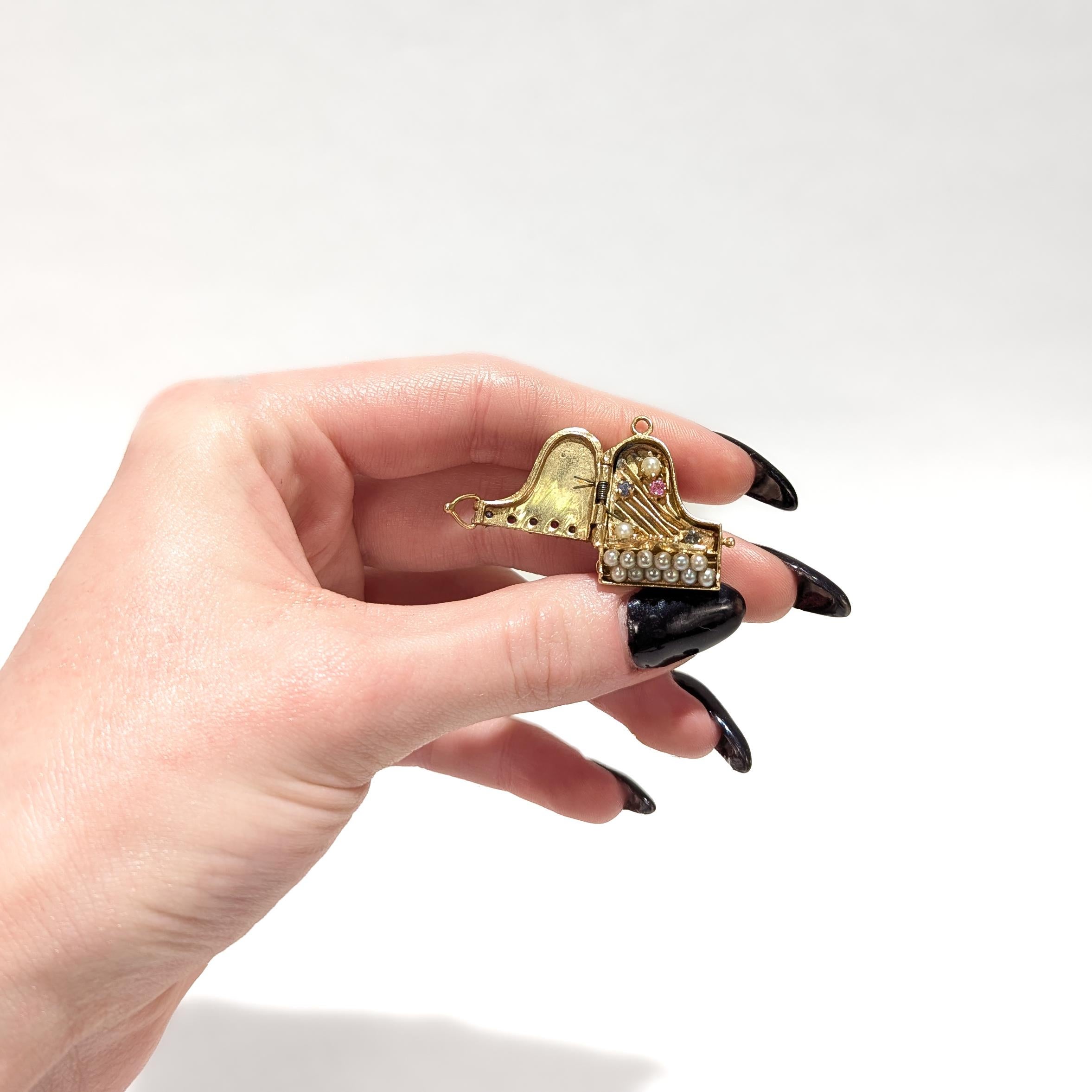 Round Cut Retro 14k Gold & Multi-Gemstone Piano Charm or Pendant For Sale