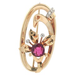 Retro 14k Gold Platinum & Palladium Diamond Flower Oval Pin Brooch