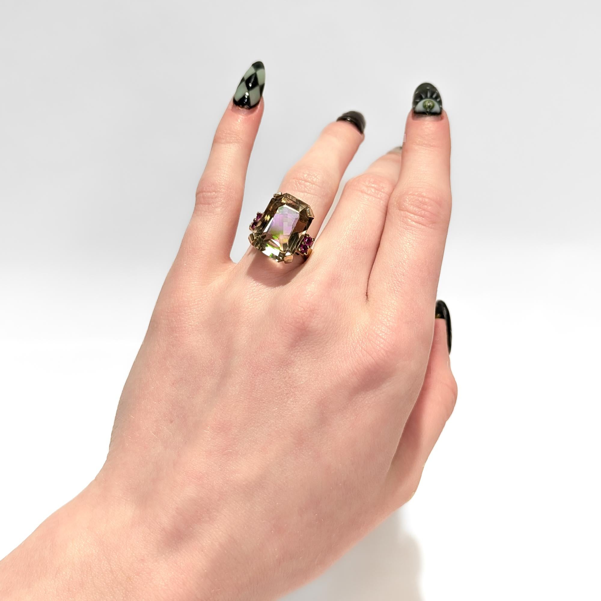 Anello Cocktail Retrò in oro 14K, quarzo e rubino in vendita 7