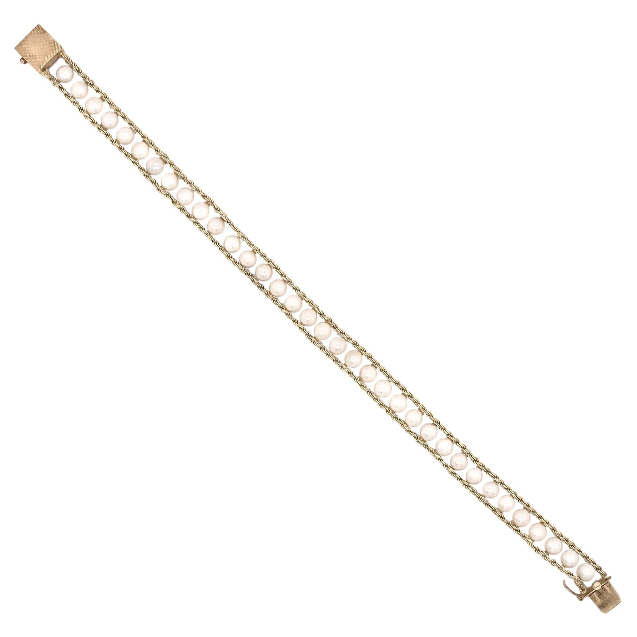 Retro 14K Gold Rope Pearl Bracelet