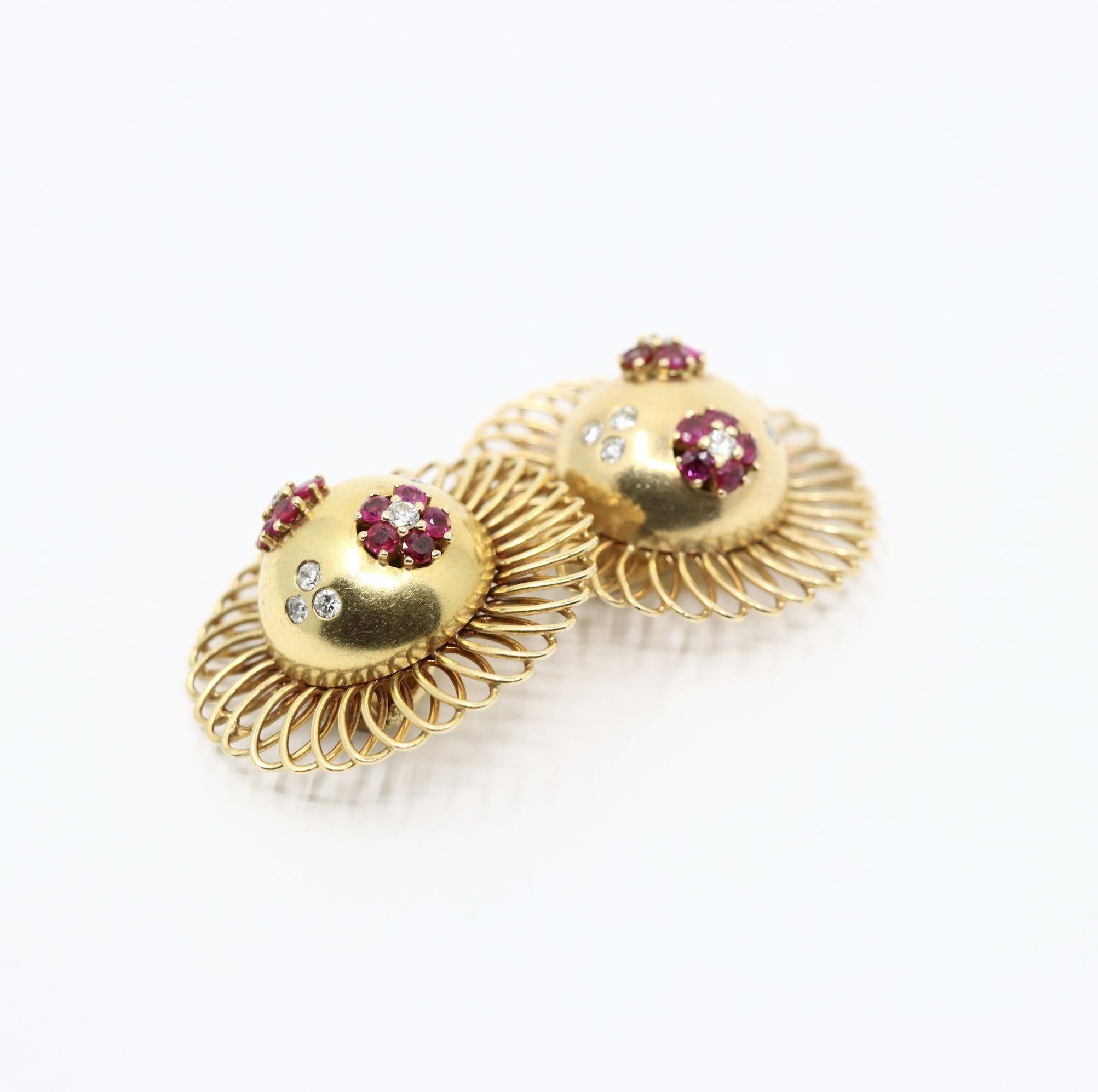 Retro 14K Gold Rubin Diamant Sonnenblume Ohrringe im Angebot 5