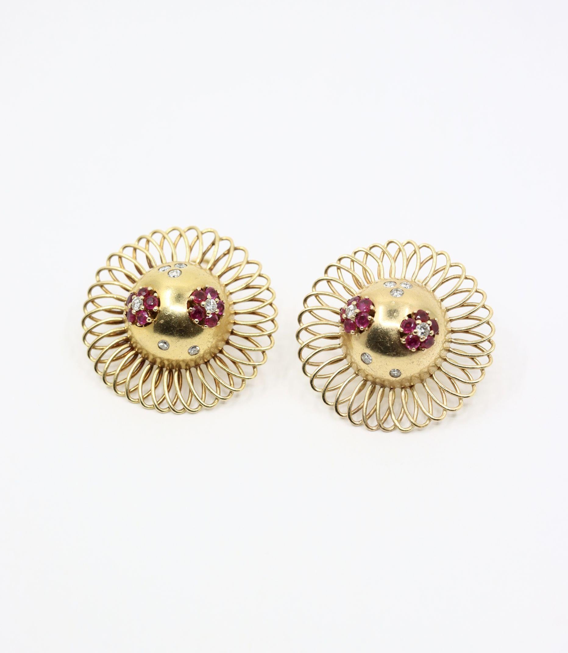 Retro 14K Gold Rubin Diamant Sonnenblume Ohrringe im Angebot 6