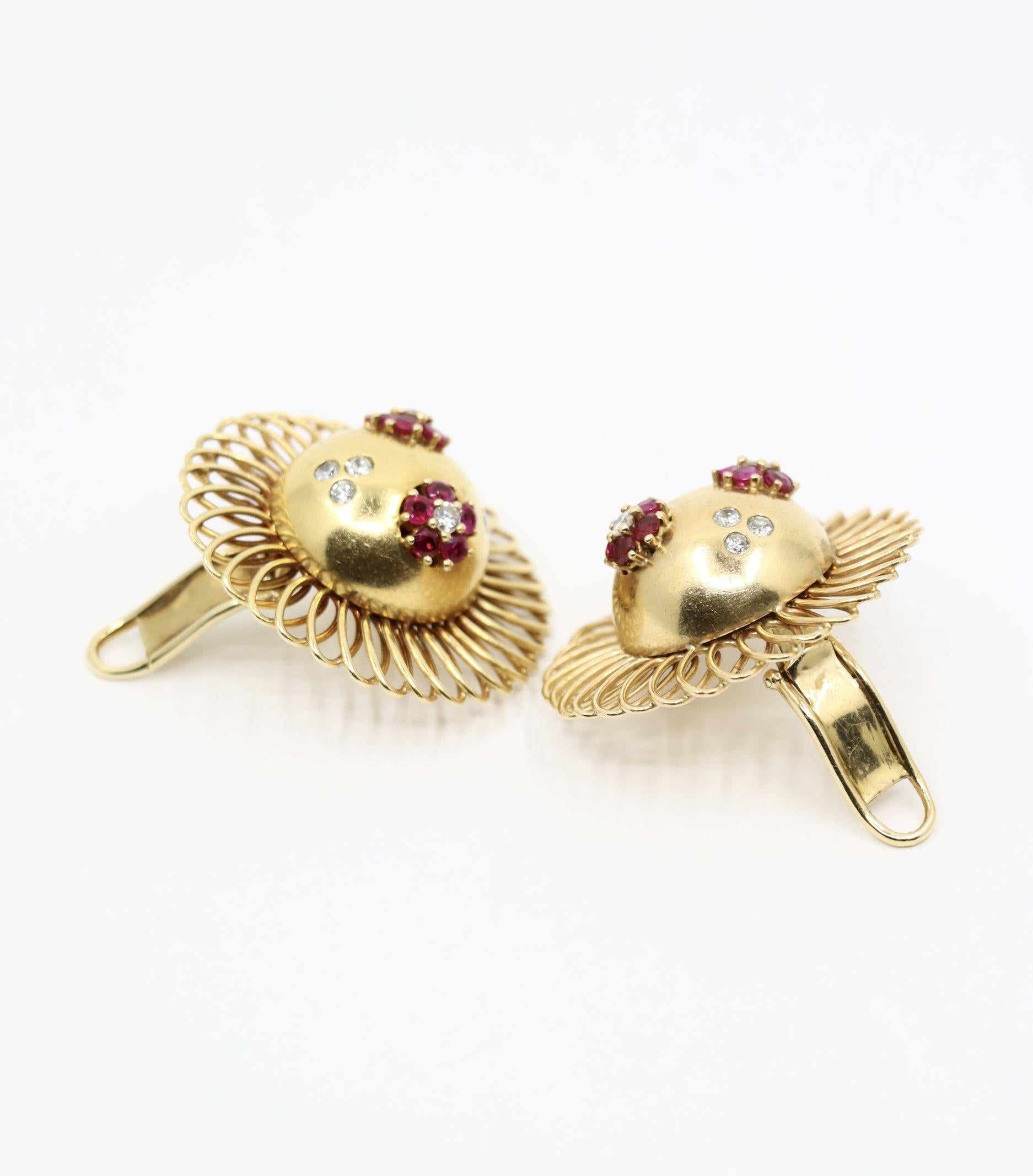 Retro 14K Gold Rubin Diamant Sonnenblume Ohrringe im Angebot 7