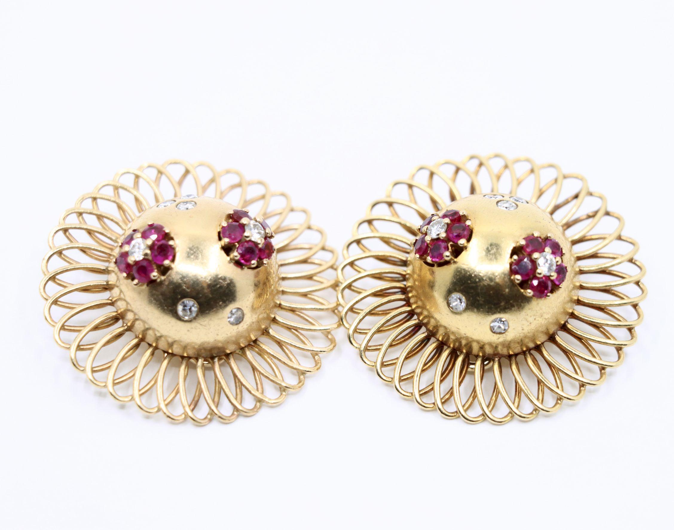Retro 14K Gold Rubin Diamant Sonnenblume Ohrringe Damen im Angebot
