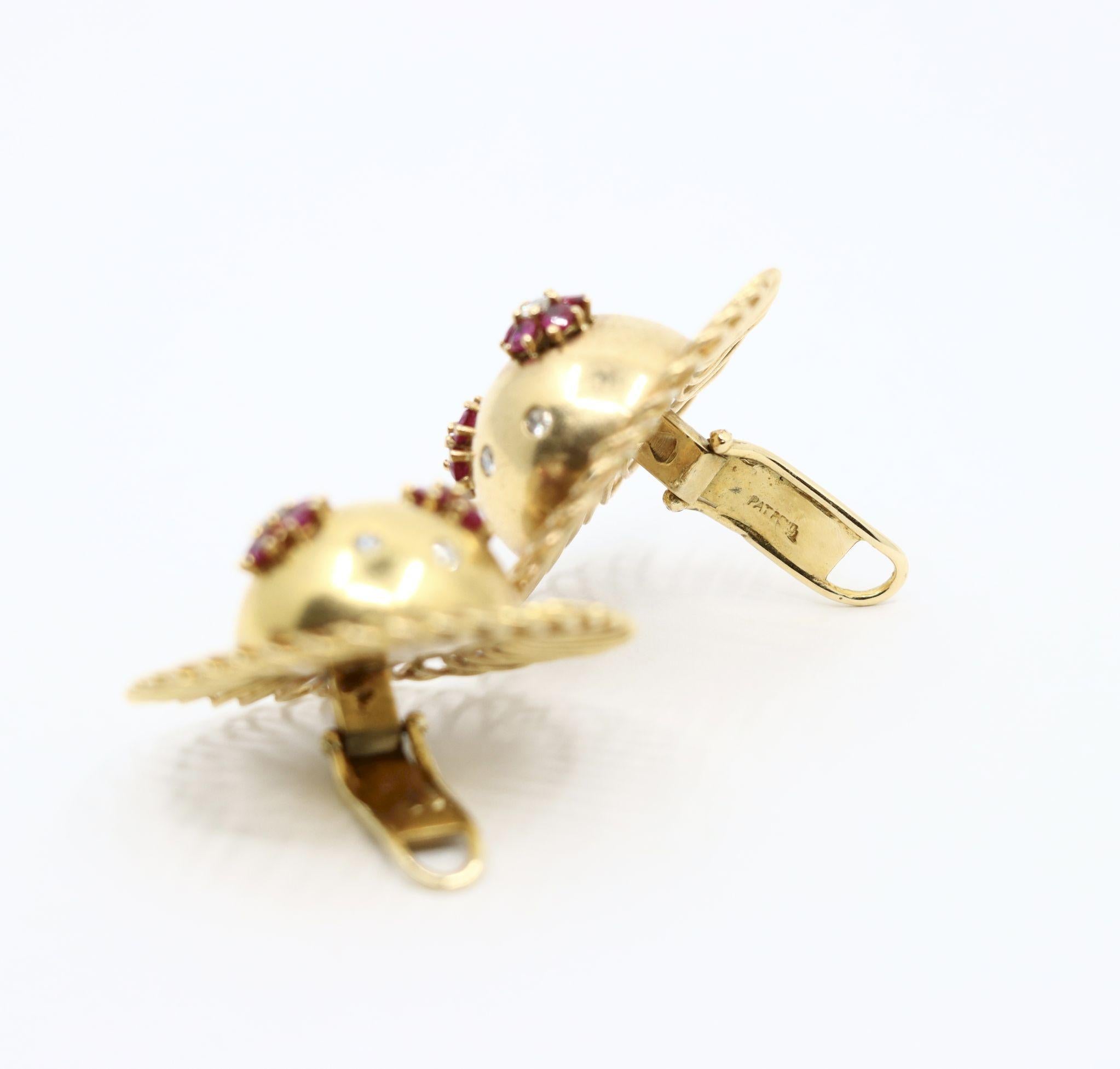 Retro 14K Gold Rubin Diamant Sonnenblume Ohrringe im Angebot 3