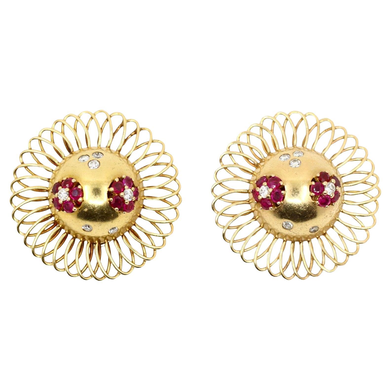 Retro 14K Gold Rubin Diamant Sonnenblume Ohrringe