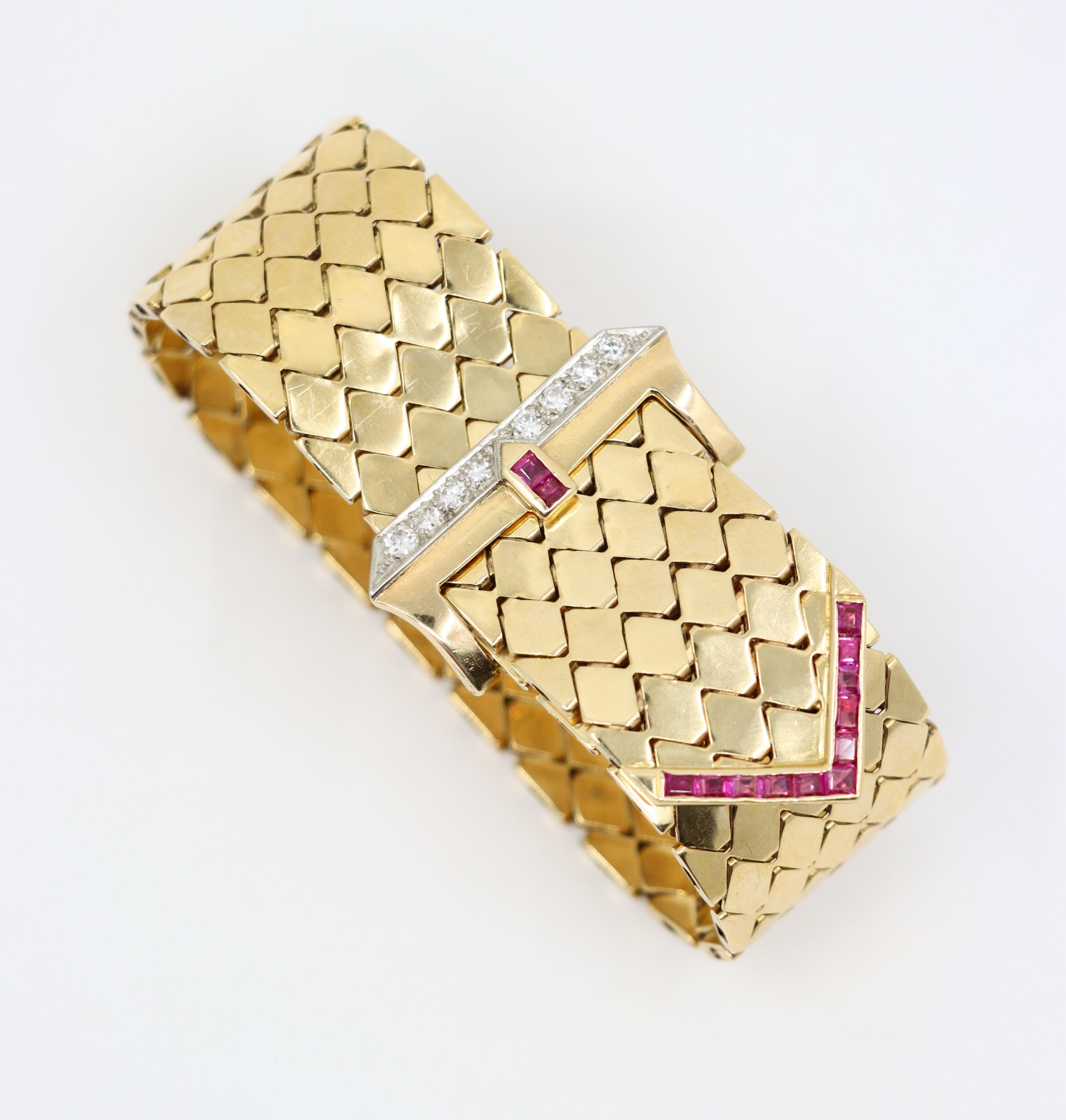 Retro 14K Gold Rubin-Diamanten-Schnalle-Armband (Gemischter Schliff) im Angebot