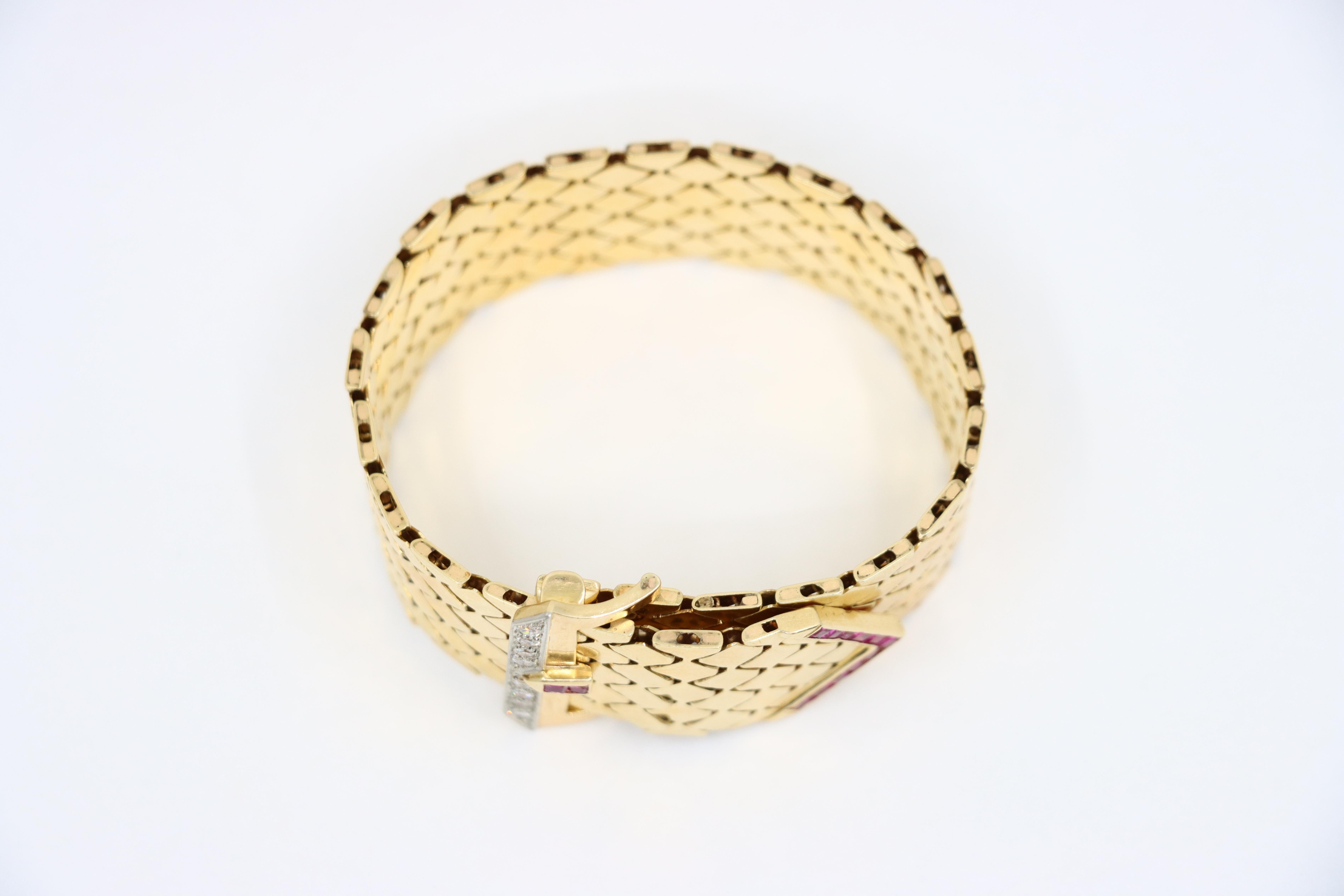 Retro 14K Gold Rubin-Diamanten-Schnalle-Armband im Zustand „Gut“ im Angebot in Flushing, NY