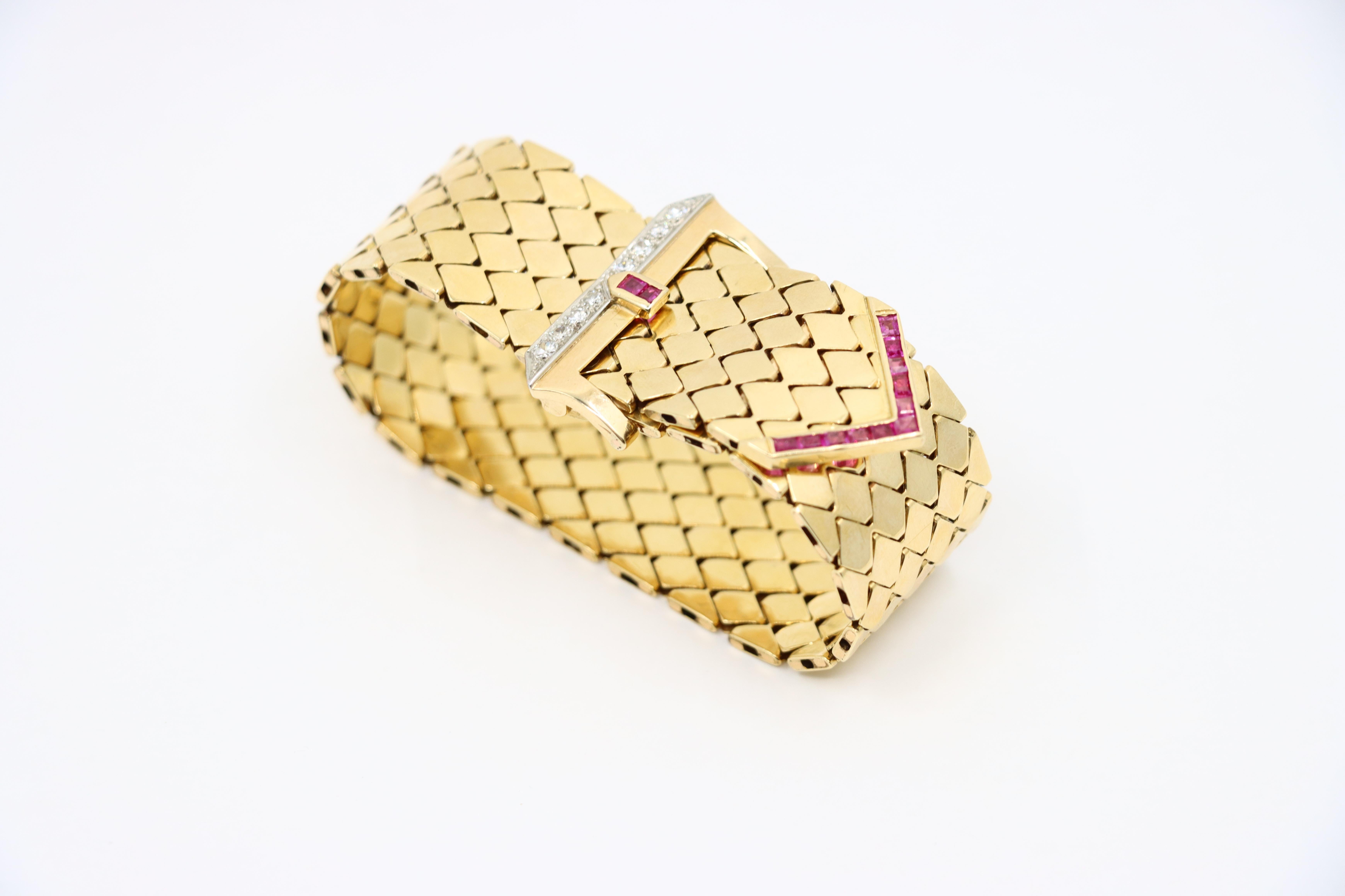 Retro 14K Gold Rubin-Diamanten-Schnalle-Armband für Damen oder Herren im Angebot
