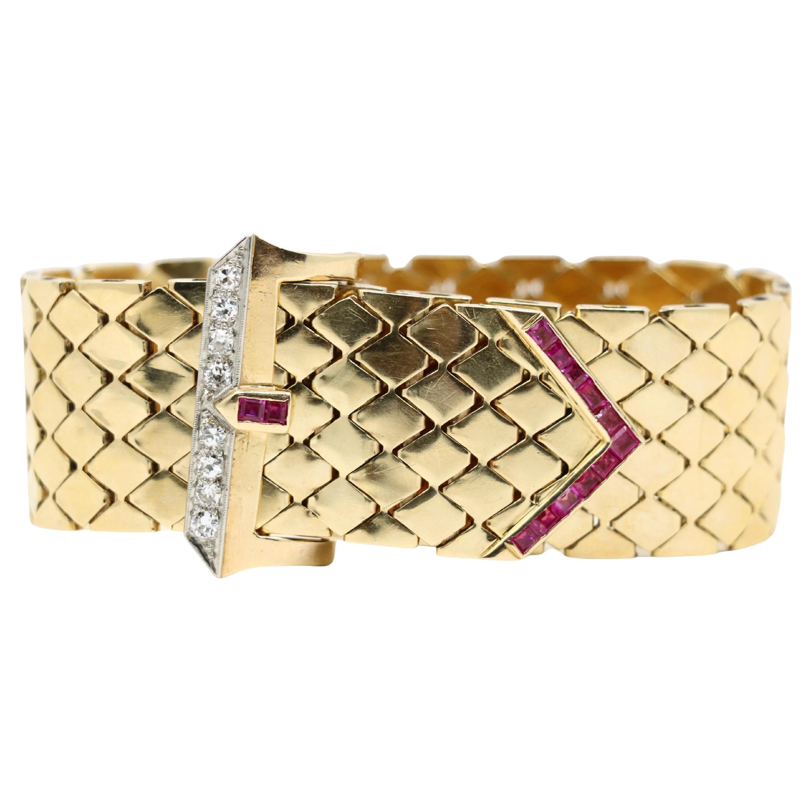 Retro 14K Gold Ruby Diamonds Buckle Bracelet