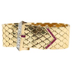 Retro 14K Gold Ruby Diamonds Buckle Bracelet