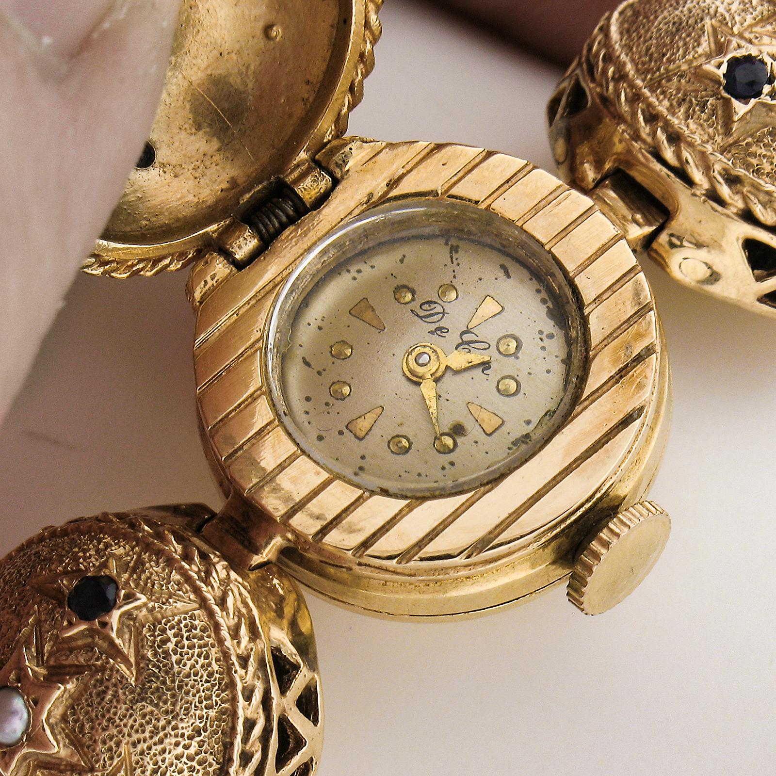 Retro 14k Gold Ruby & Sapphire Gemmed Textured Sphere Link Bracelet Wrist Watch For Sale 5
