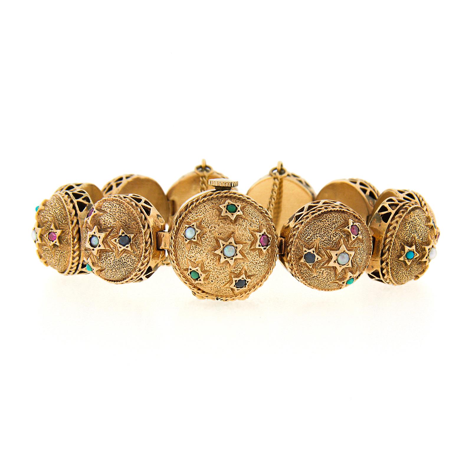 Retro 14k Gold Ruby & Sapphire Gemmed Textured Sphere Link Bracelet Wrist Watch In Excellent Condition For Sale In Montclair, NJ
