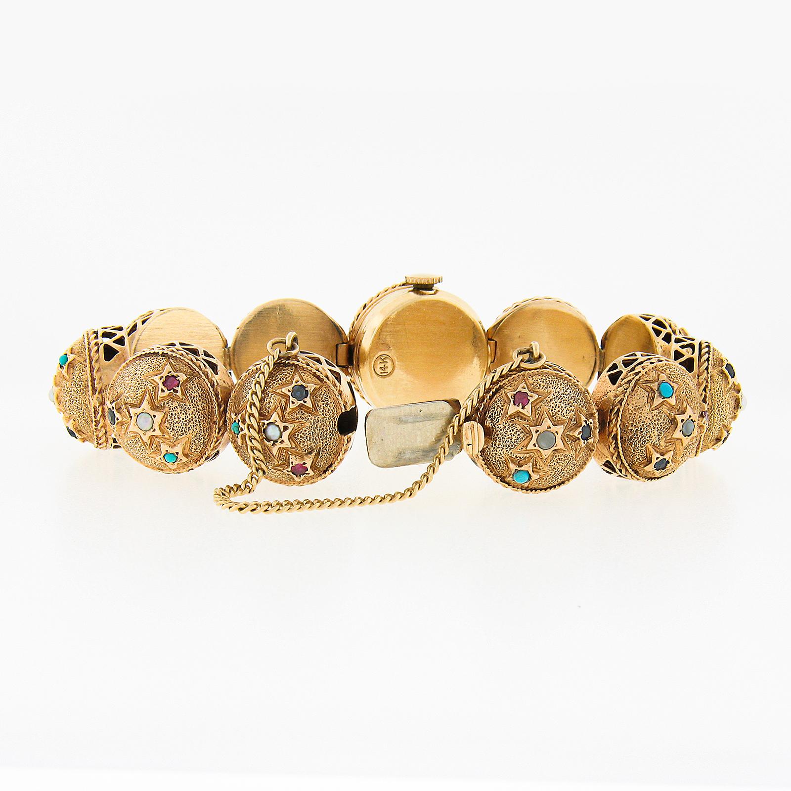 Women's Retro 14k Gold Ruby & Sapphire Gemmed Textured Sphere Link Bracelet Wrist Watch For Sale