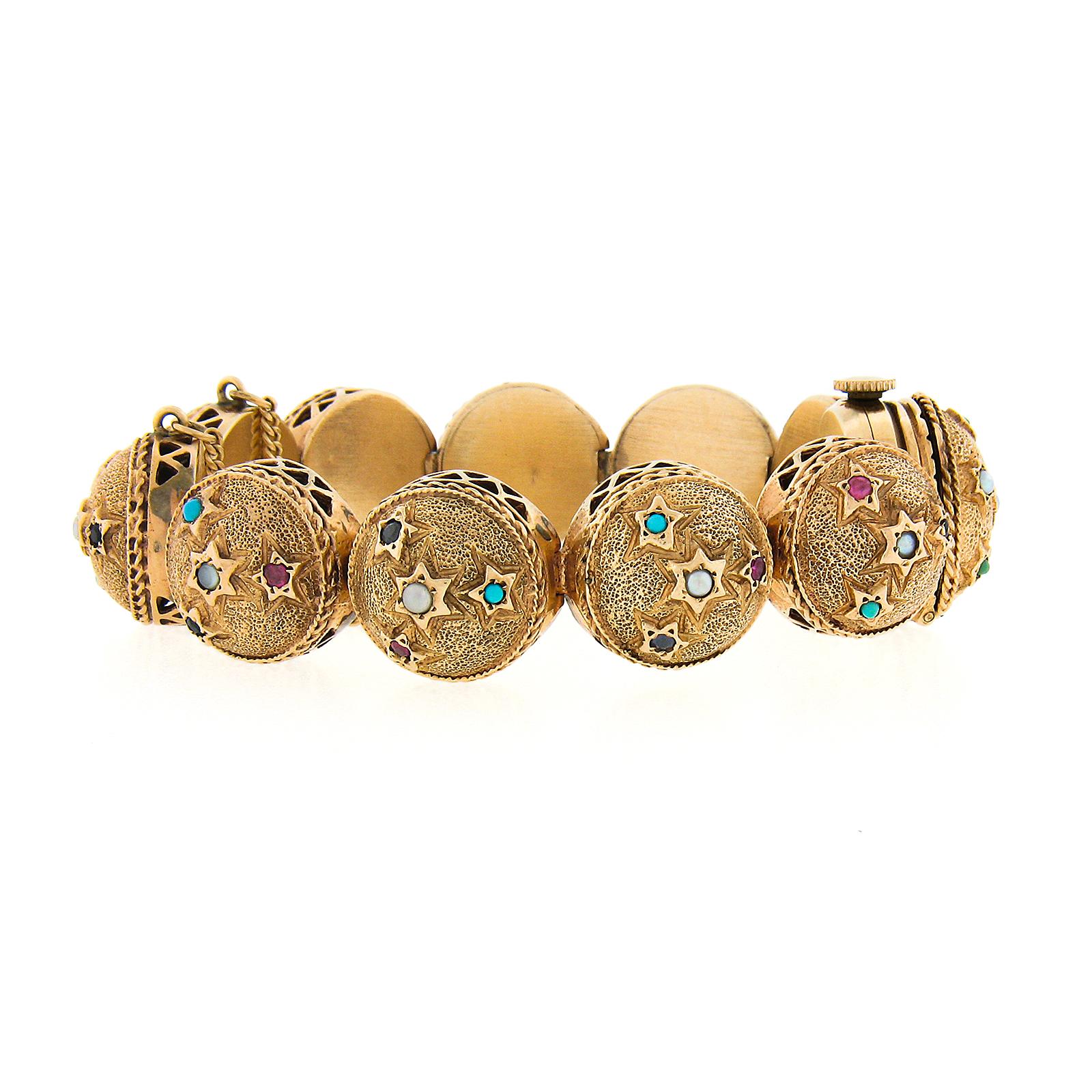 Retro 14k Gold Ruby & Sapphire Gemmed Textured Sphere Link Bracelet Wrist Watch For Sale 1