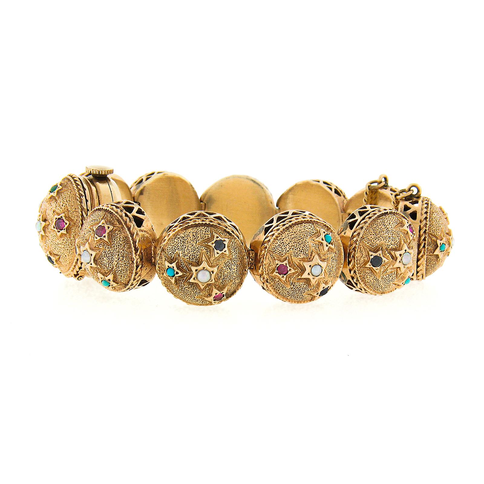 Retro 14k Gold Ruby & Sapphire Gemmed Textured Sphere Link Bracelet Wrist Watch For Sale 2