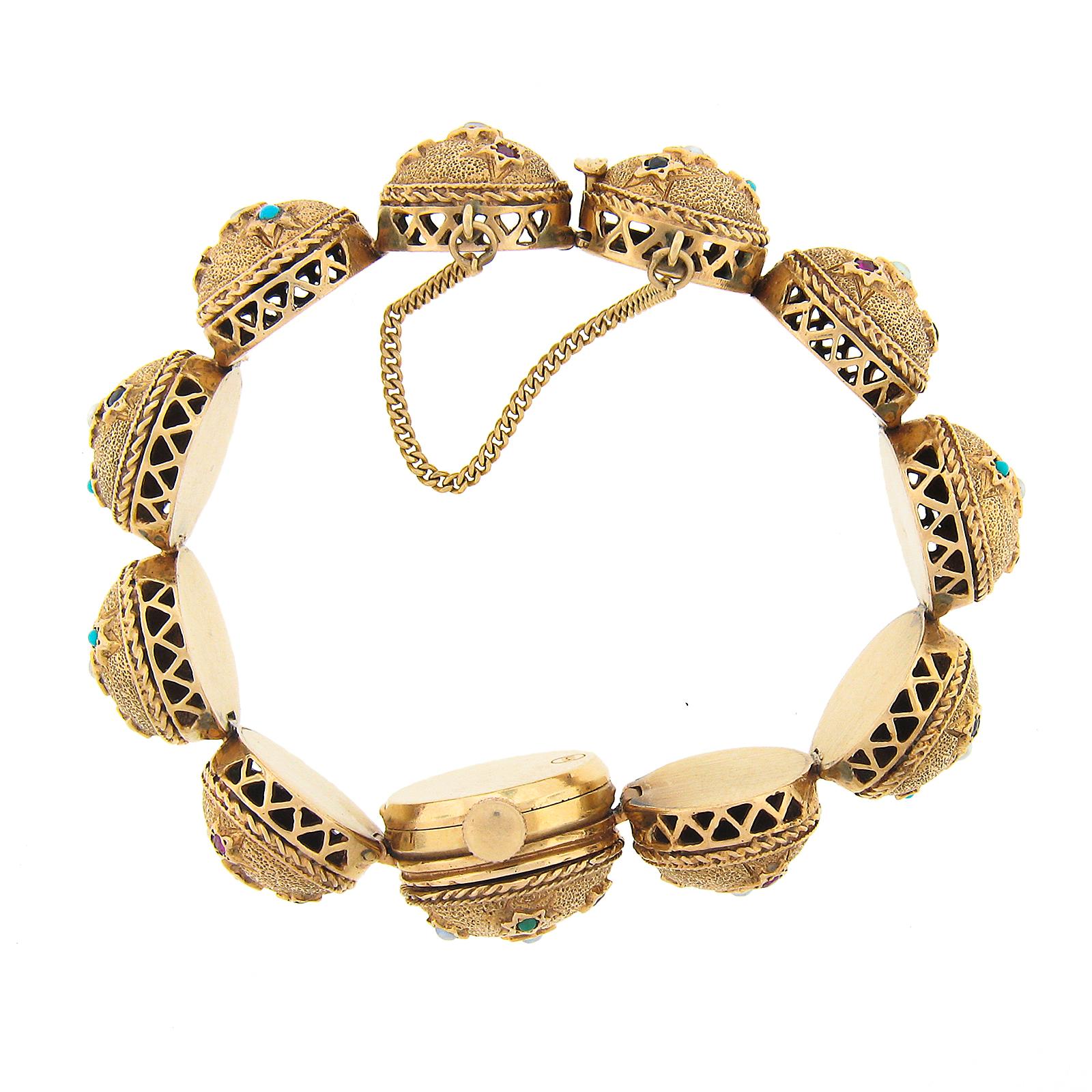 Retro 14k Gold Ruby & Sapphire Gemmed Textured Sphere Link Bracelet Wrist Watch For Sale 3