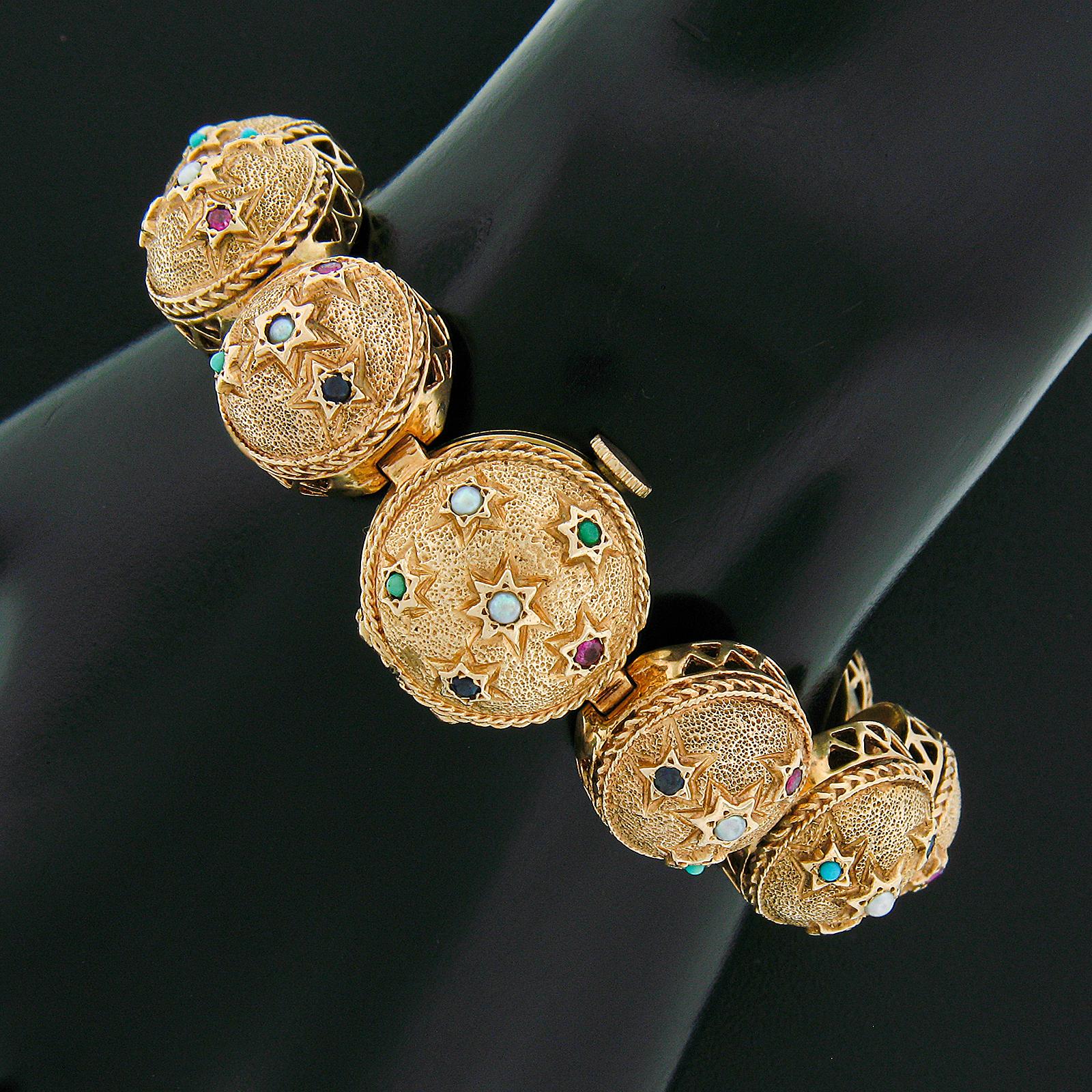 Retro 14k Gold Ruby & Sapphire Gemmed Textured Sphere Link Bracelet Wrist Watch For Sale 4