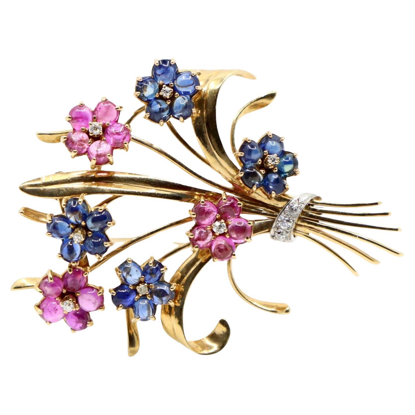 Retro 14K Gold Saphir Diamant Blume Blumenstrauß Brosche