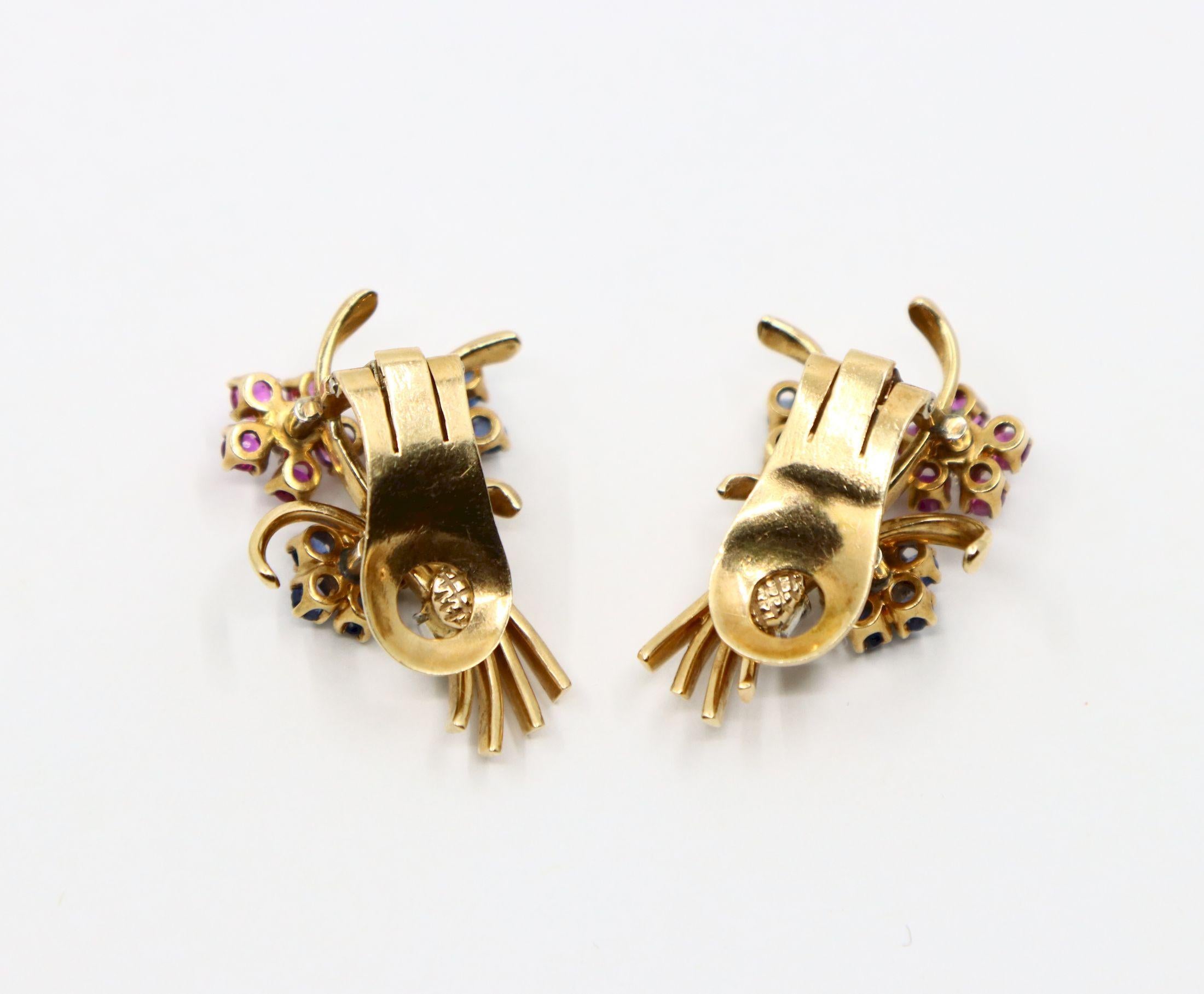 Orecchini retrò in oro 14K con zaffiro e diamante a bouquet di fiori in vendita 5