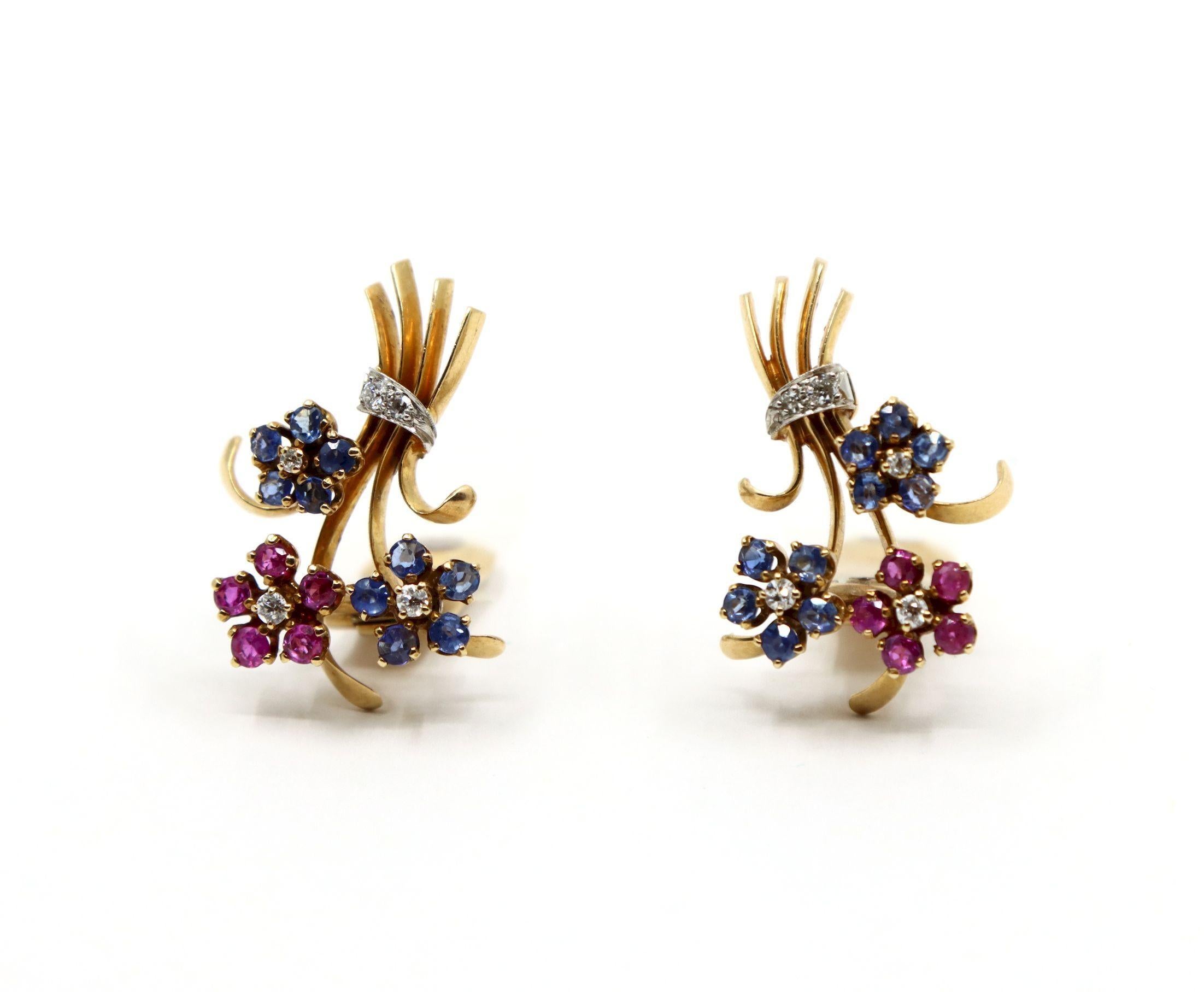 Orecchini retrò in oro 14K con zaffiro e diamante a bouquet di fiori In condizioni buone in vendita a Flushing, NY