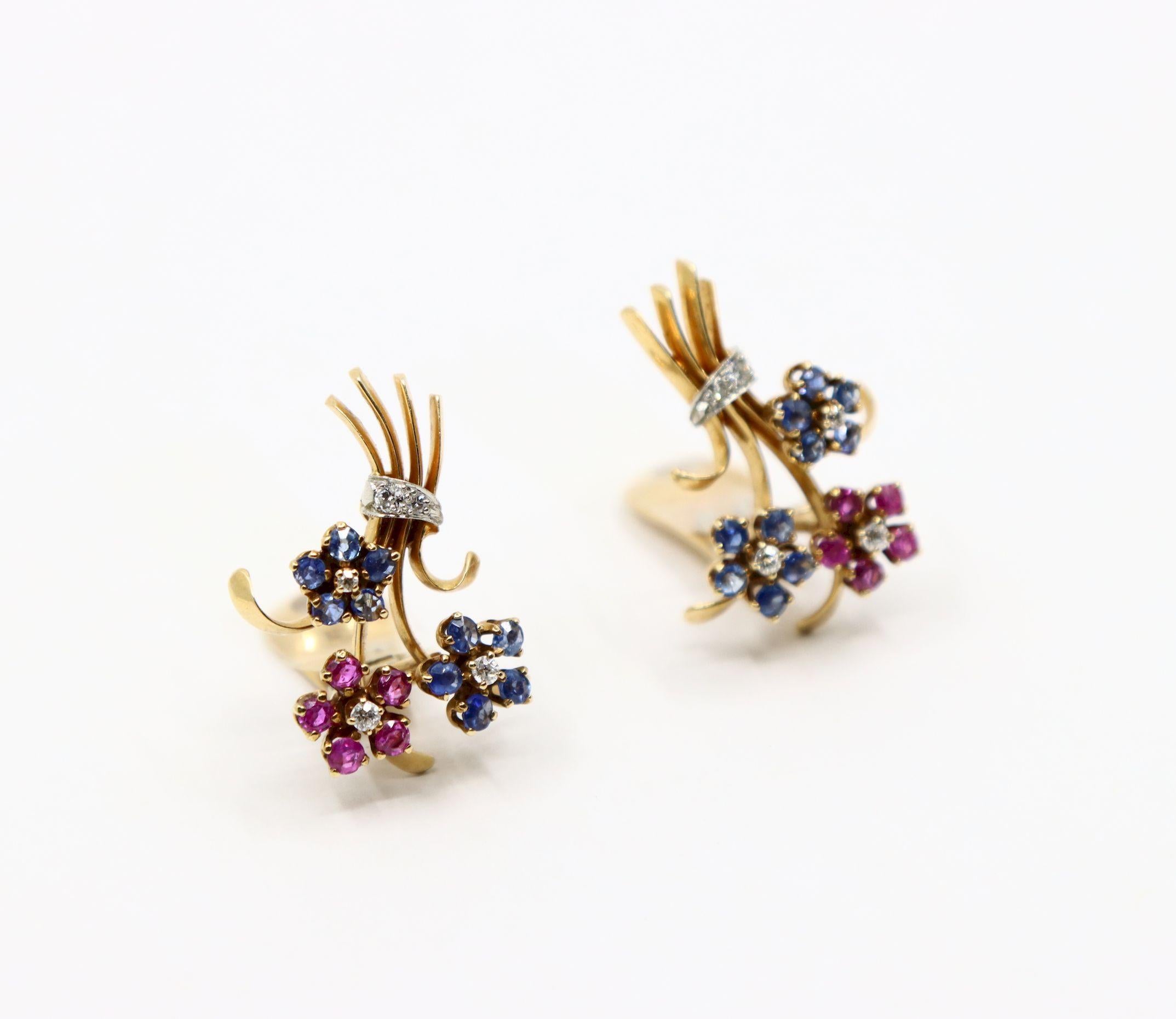 Donna Orecchini retrò in oro 14K con zaffiro e diamante a bouquet di fiori in vendita