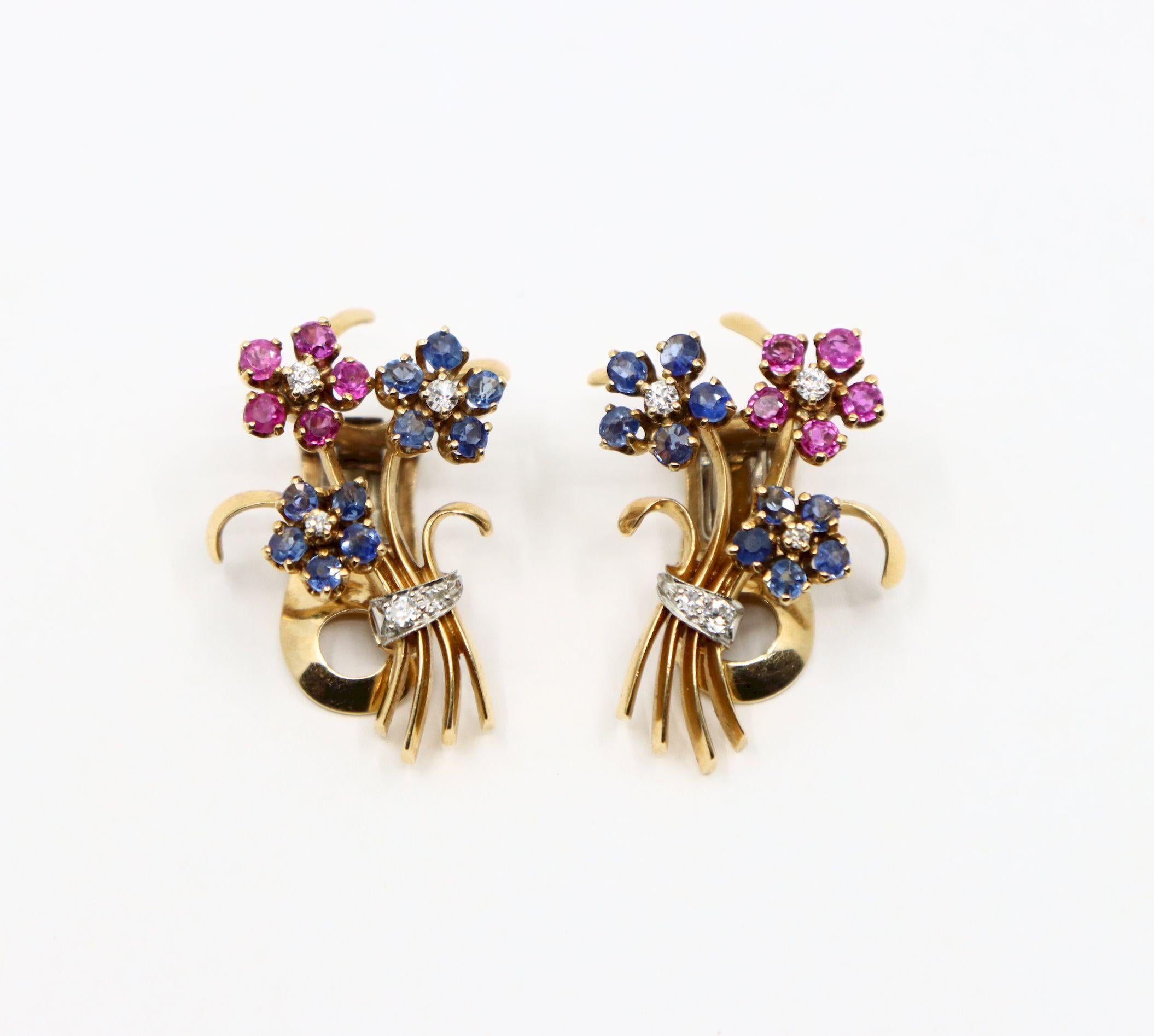 Orecchini retrò in oro 14K con zaffiro e diamante a bouquet di fiori in vendita 1