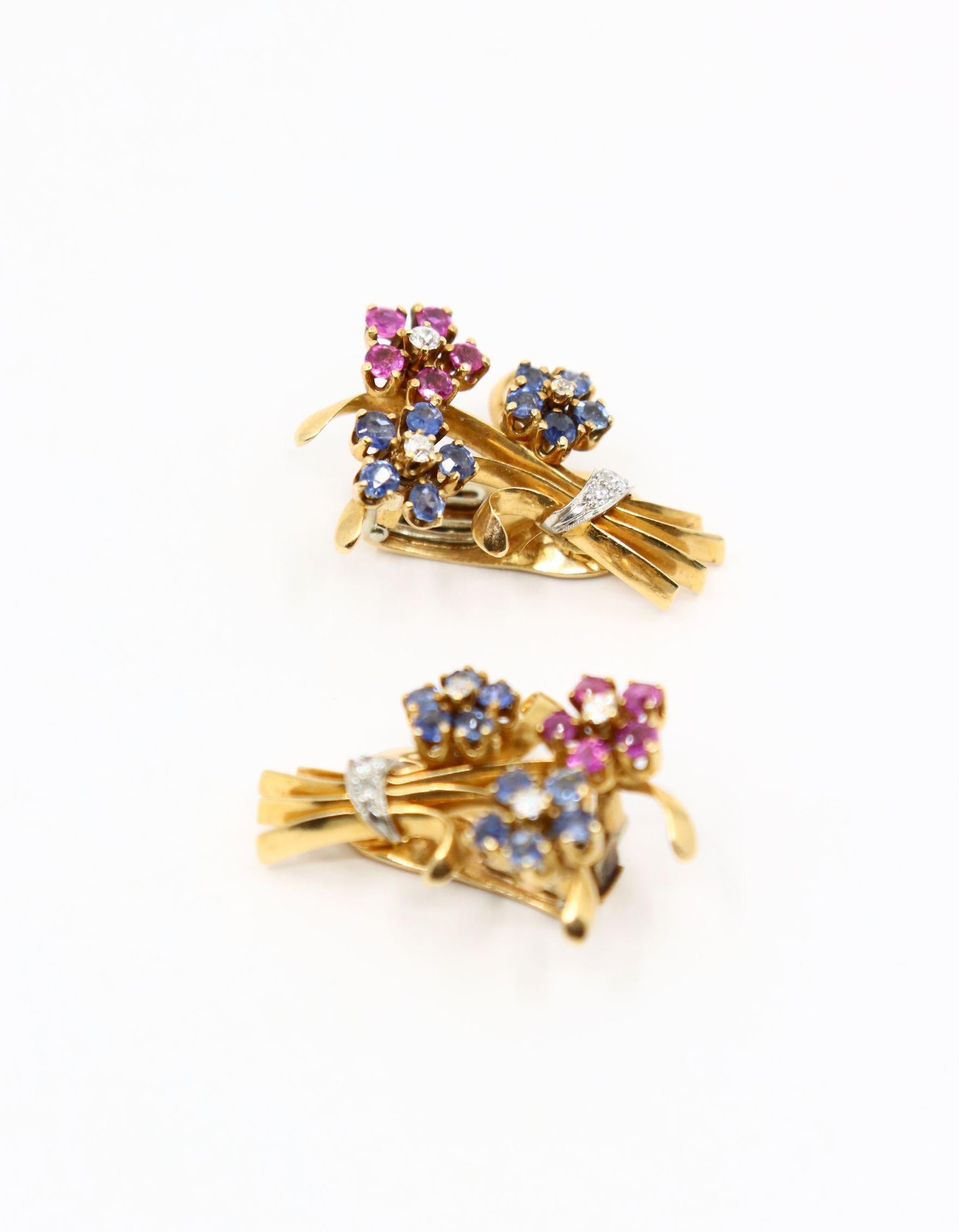 Orecchini retrò in oro 14K con zaffiro e diamante a bouquet di fiori in vendita 2