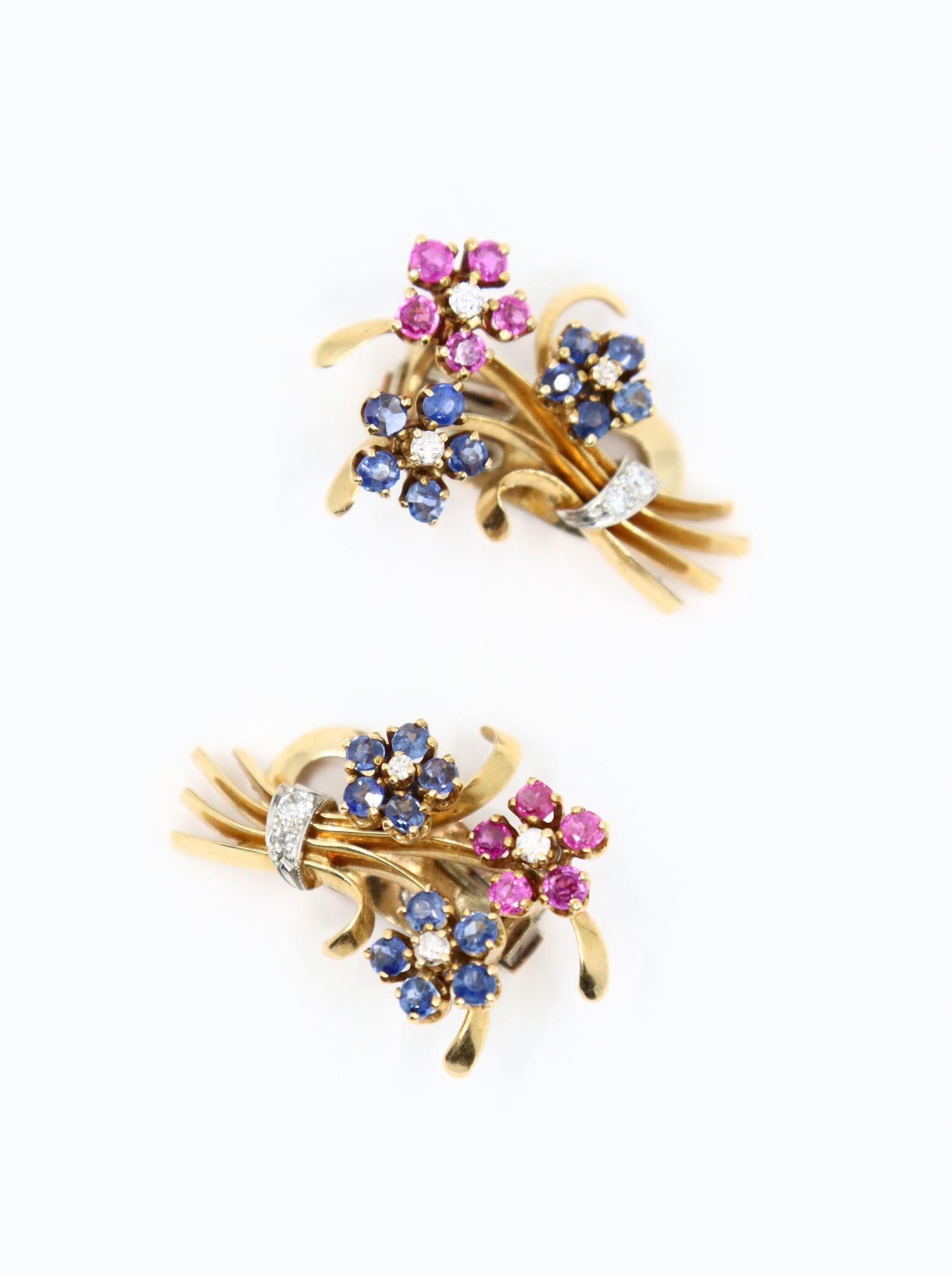 Orecchini retrò in oro 14K con zaffiro e diamante a bouquet di fiori in vendita 3