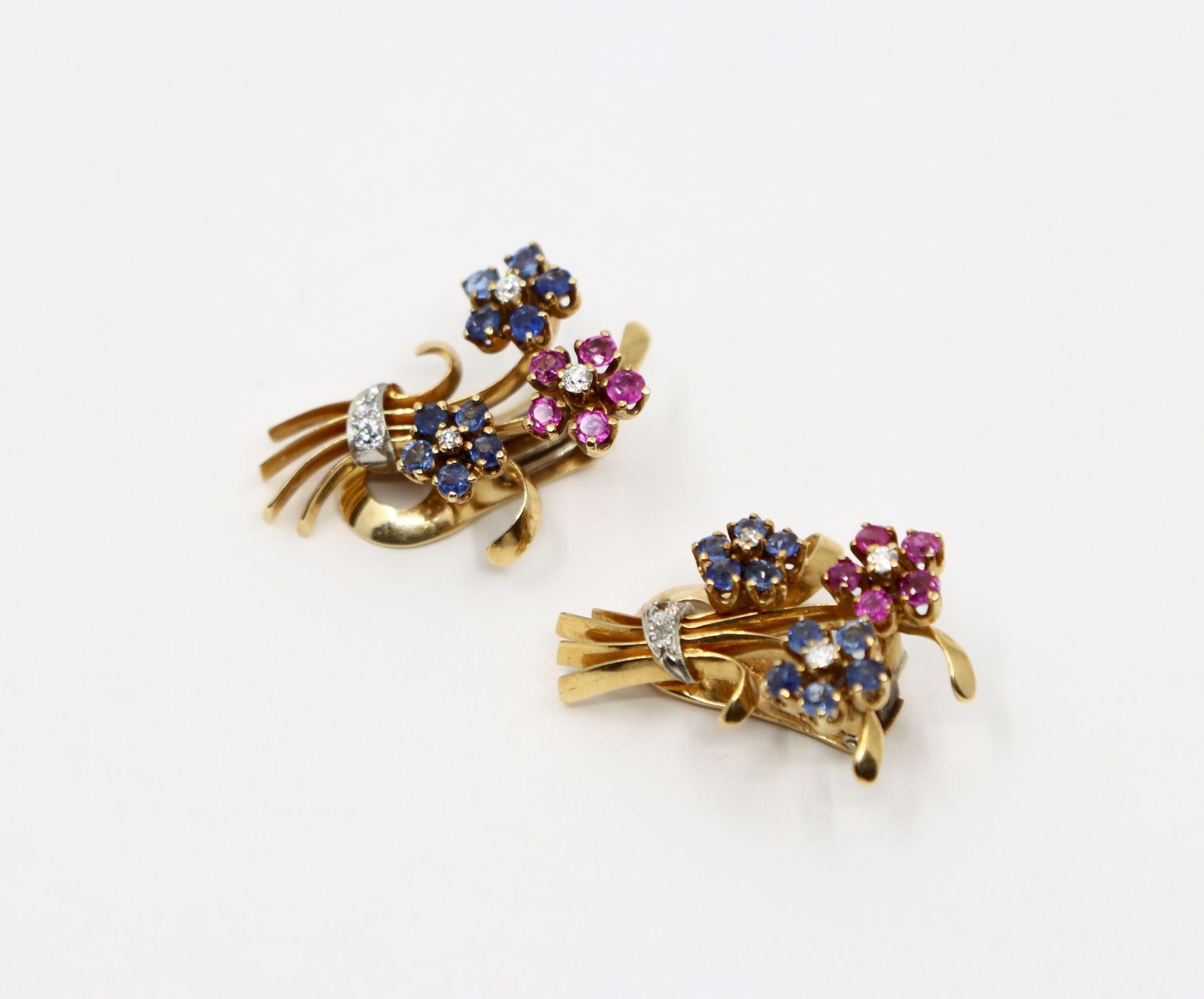 Orecchini retrò in oro 14K con zaffiro e diamante a bouquet di fiori in vendita 4