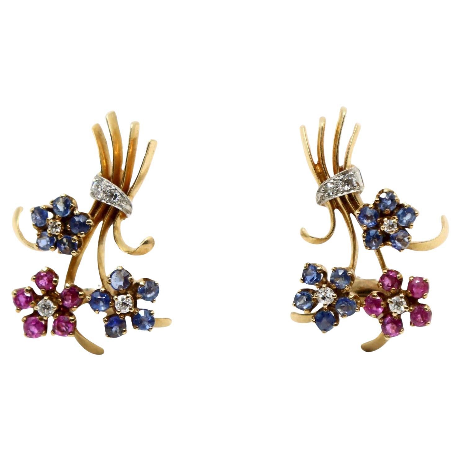 Boucles d
oreilles rétro en or 14K saphir diamant Bouquet de fleurs