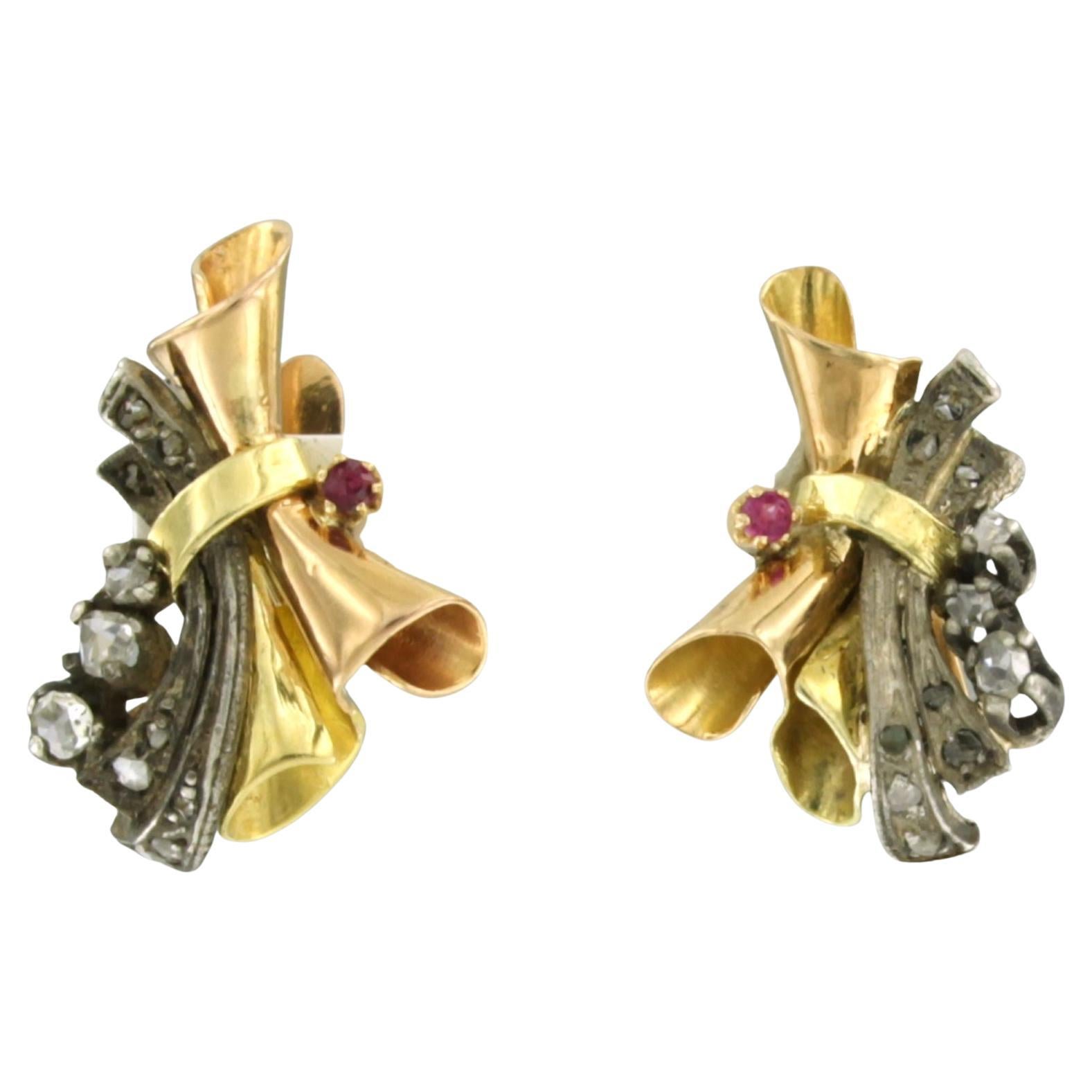 RETRO - 14k gold with silver earrings with ruby and rose diamonds up to 0.10ct