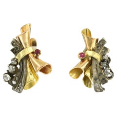 RETRO - Boucles d'oreilles en or 14k et argent avec rubis et diamants roses jusqu'à 0,10 carat