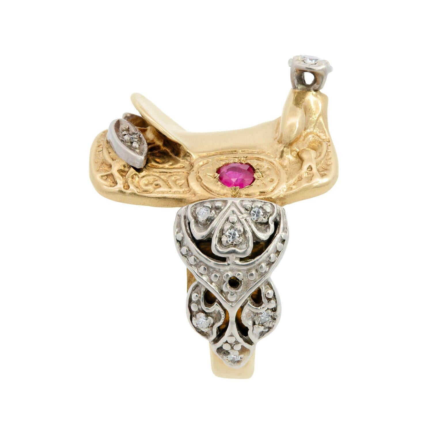 Antique Cushion Cut Retro 14k Mixed Metal Ruby and Diamond Saddle Ring For Sale