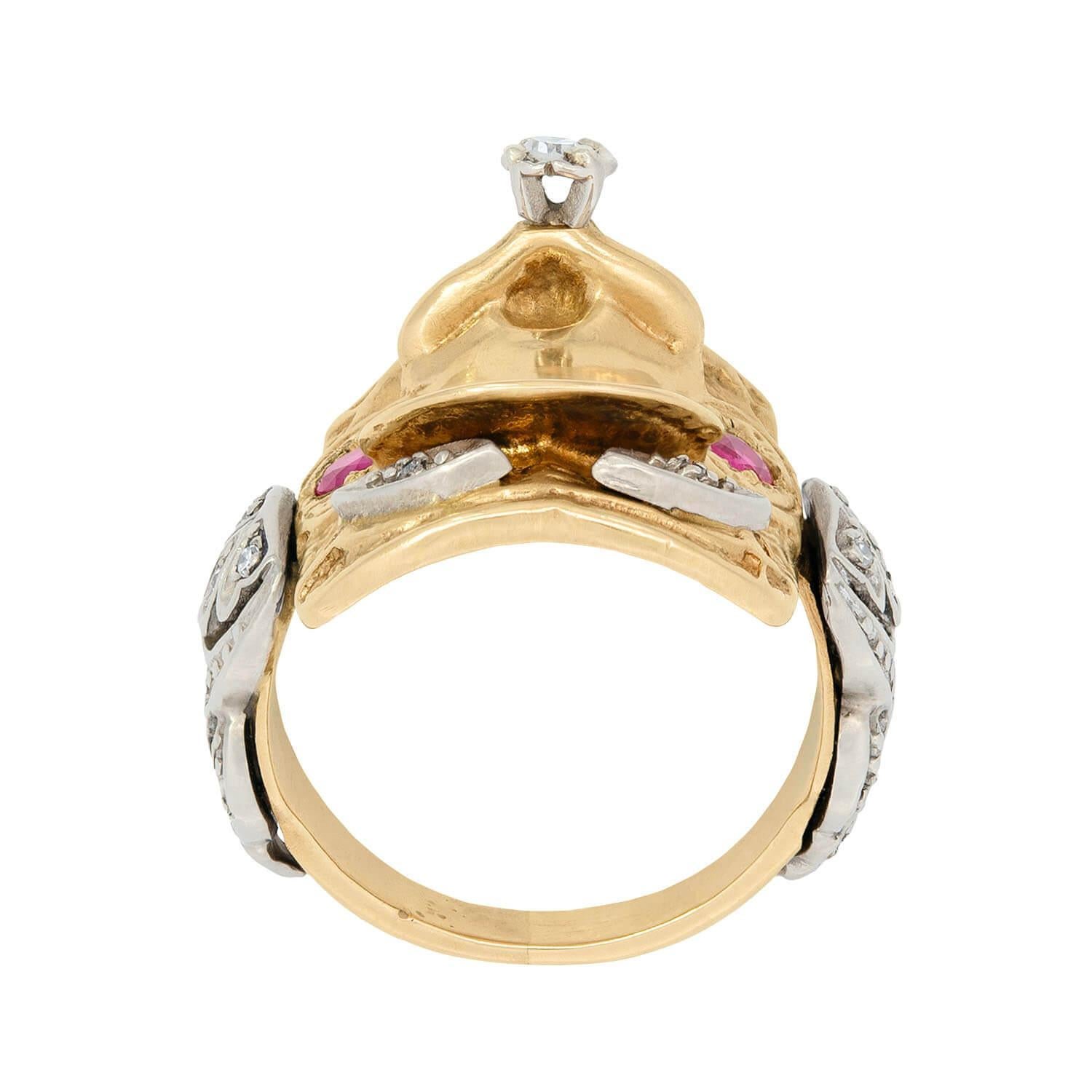 Retro 14k Mixed Metal Ruby and Diamond Saddle Ring In Good Condition For Sale In Narberth, PA