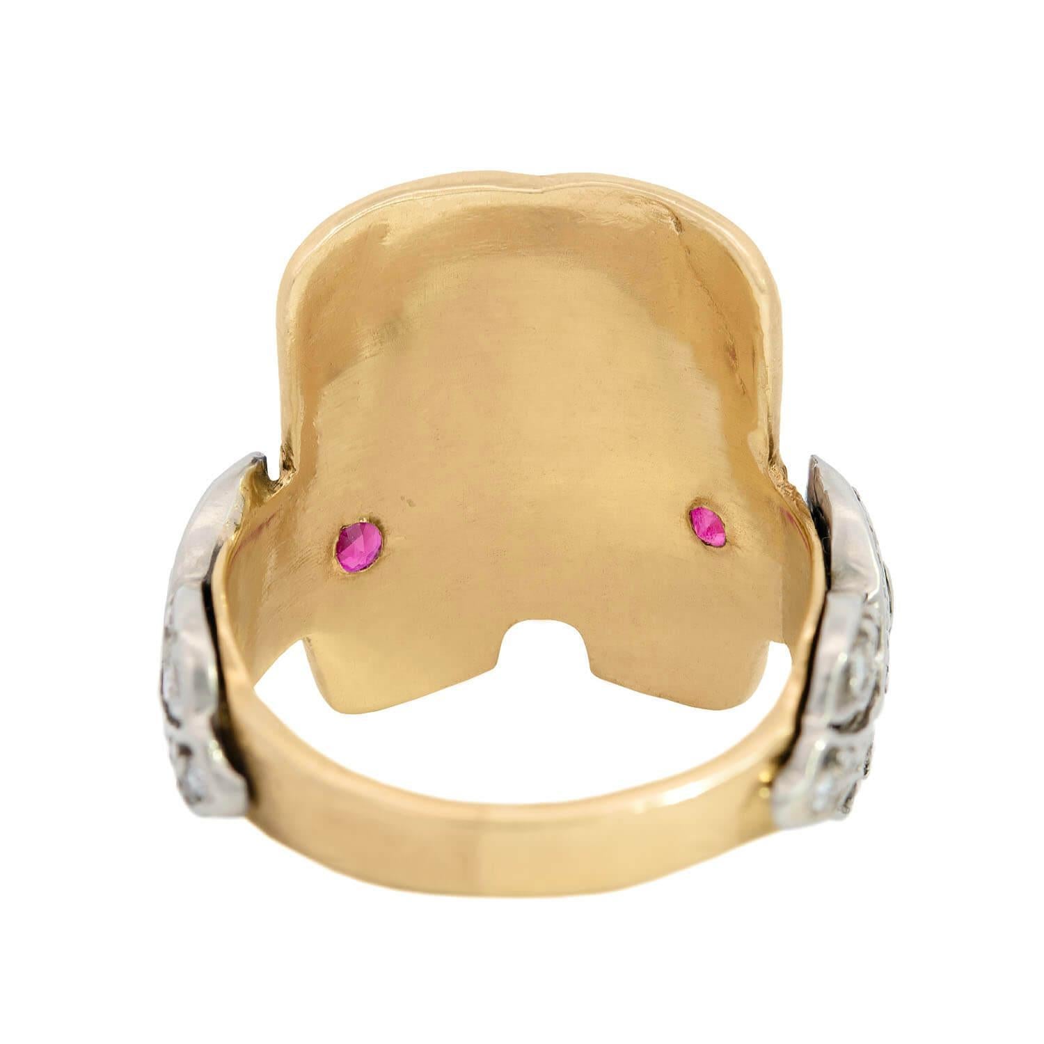 Women's or Men's Retro 14k Mixed Metal Ruby and Diamond Saddle Ring For Sale