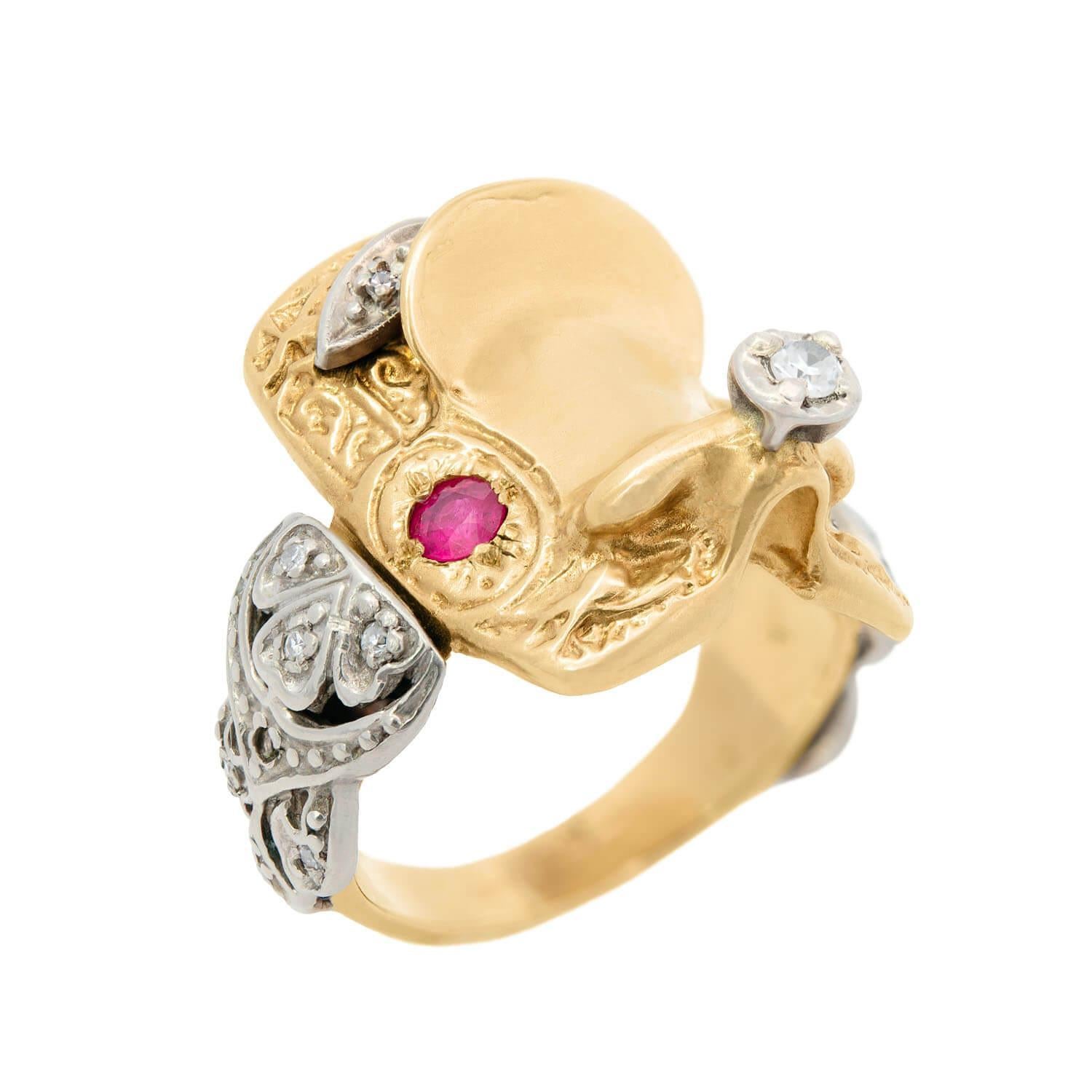 Retro 14k Mixed Metal Ruby and Diamond Saddle Ring For Sale