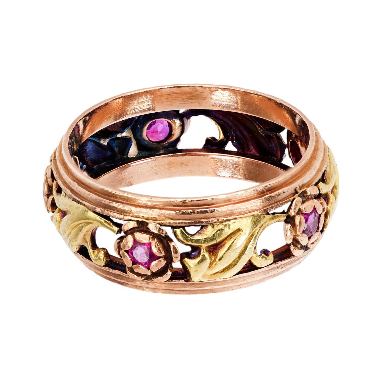 Rétro Fascia con motivo floreale in rubino retrò in metalli misti 14k in vendita
