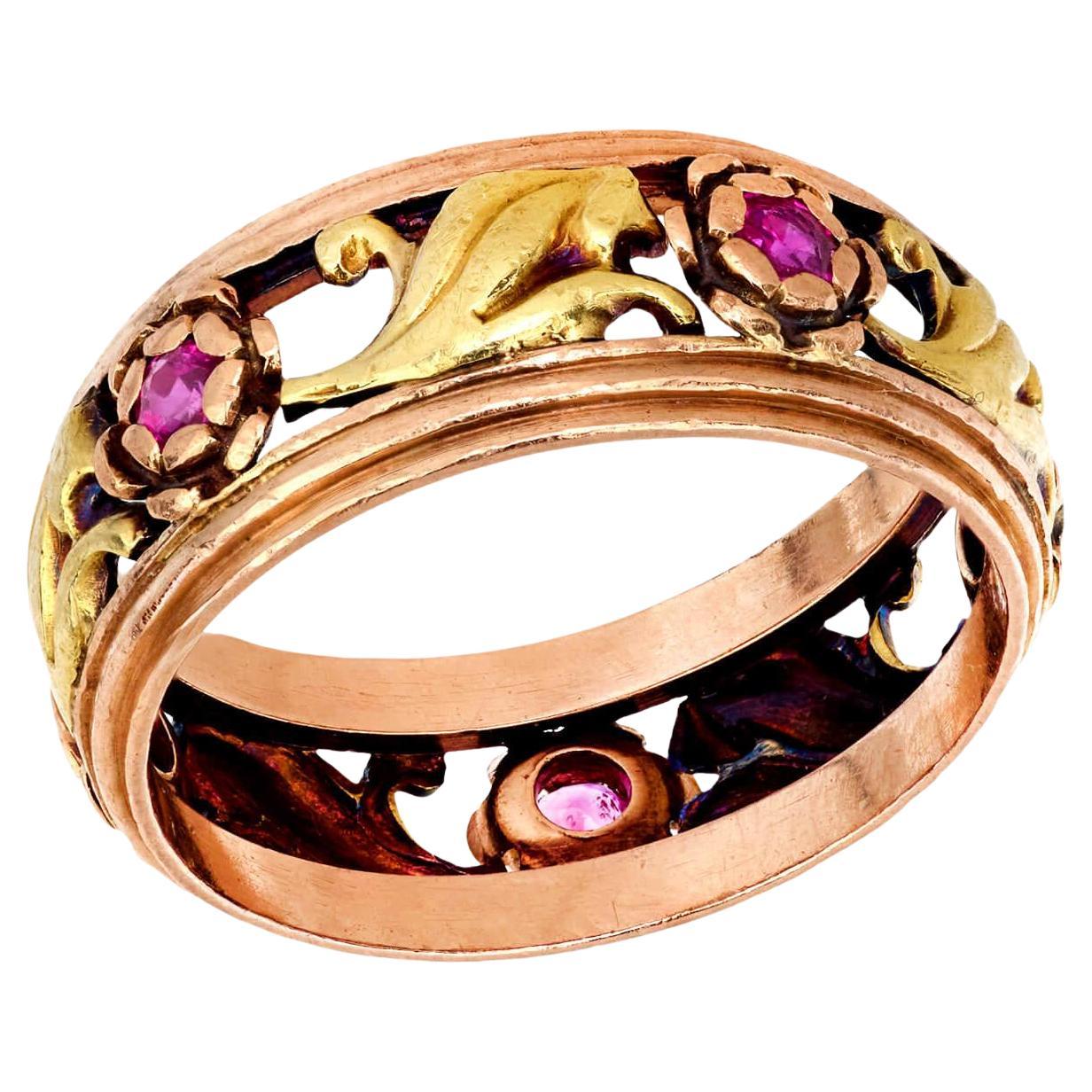 Fascia con motivo floreale in rubino retrò in metalli misti 14k in vendita