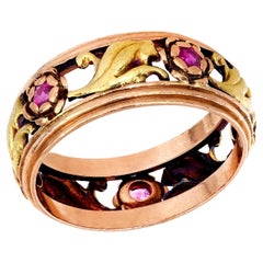 Retro 14k Mixed Metals Ruby Floral Motif Band