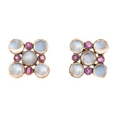 Retro 14k Mondstein und Saphir Ohrring und Armband Set